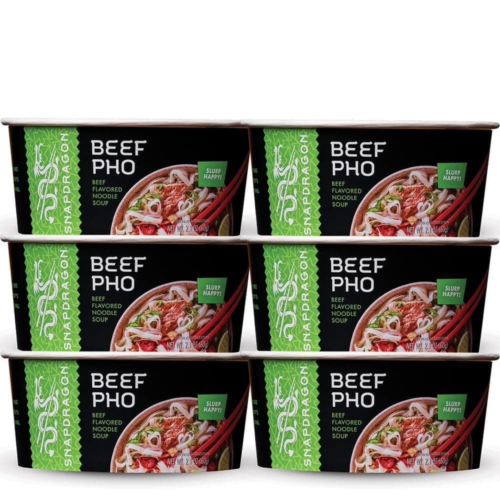 - Snapdragon Pho Bowls - 6-Pack Instant Noodles with Slurpable Vietnamese Beef Pho Broth and Gluten Free Rice Cup Noodles. 3-Minute Microwave or Hot Water for Quick Soup Meals or Snacks
