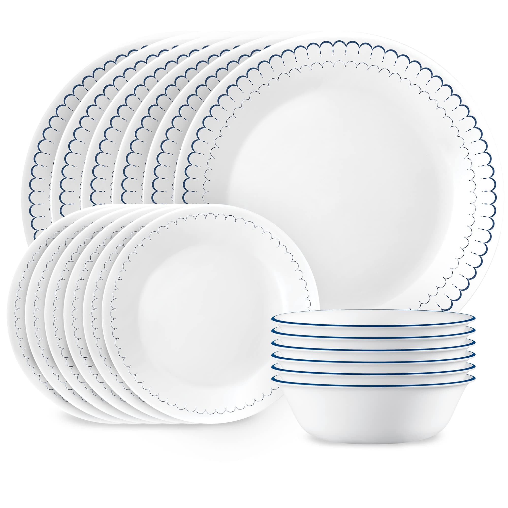 18-Piece Dinnerware Set, Service for 6, Lightweight Round Plates and Bowls Set, Vitrelle Triple Layer Glass, Chip Resistant, Microwave and Dishwasher Safe, Caspian