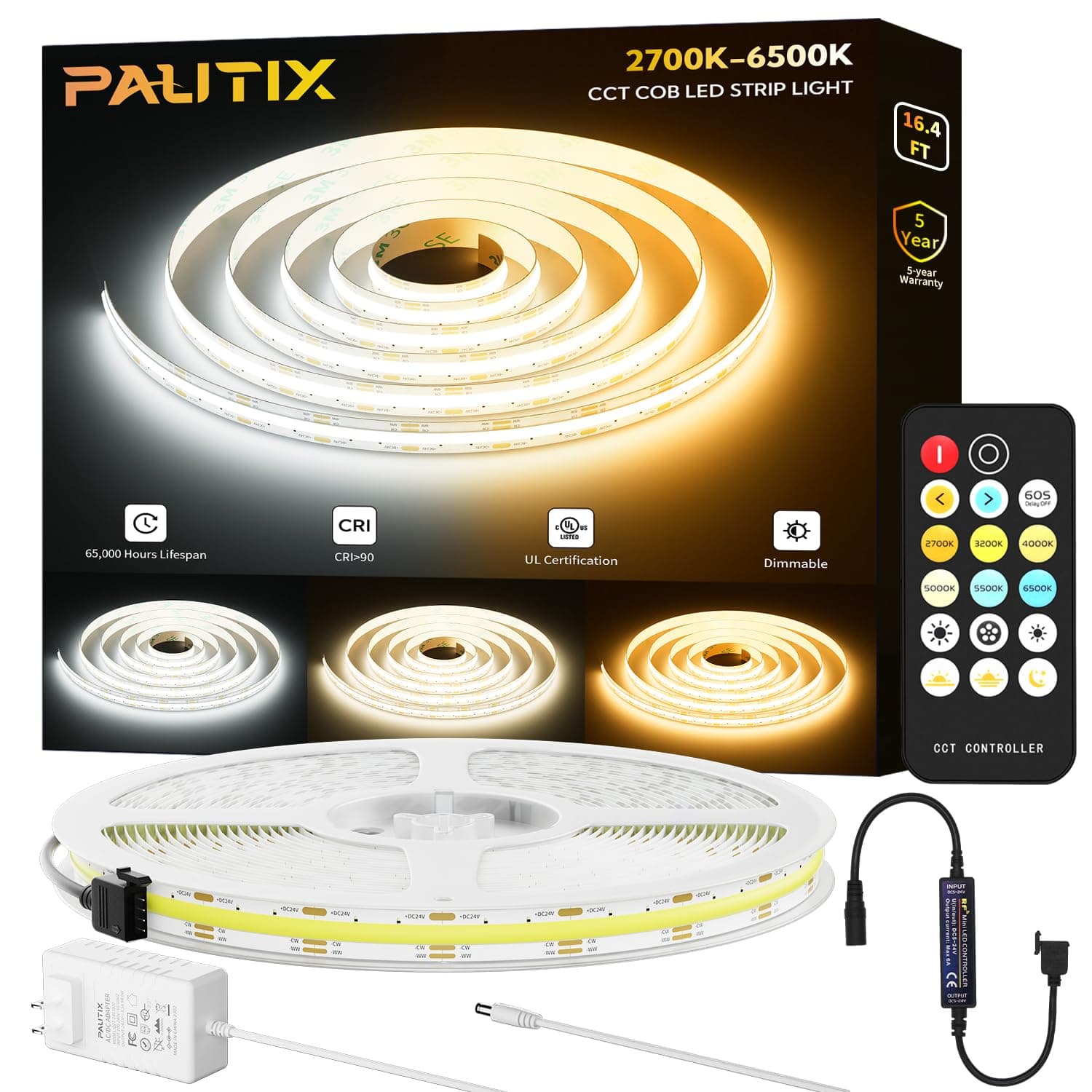 PAUTIX COB LED Strip Lights 2700K-6500K CCT Tunable White UL-Listed Dotless LED Lights with RF Remote,16.4ft Super Bright Dimmable 24V Tape Light,for Under Cabinets Bedroom Kitchen Office Lighting