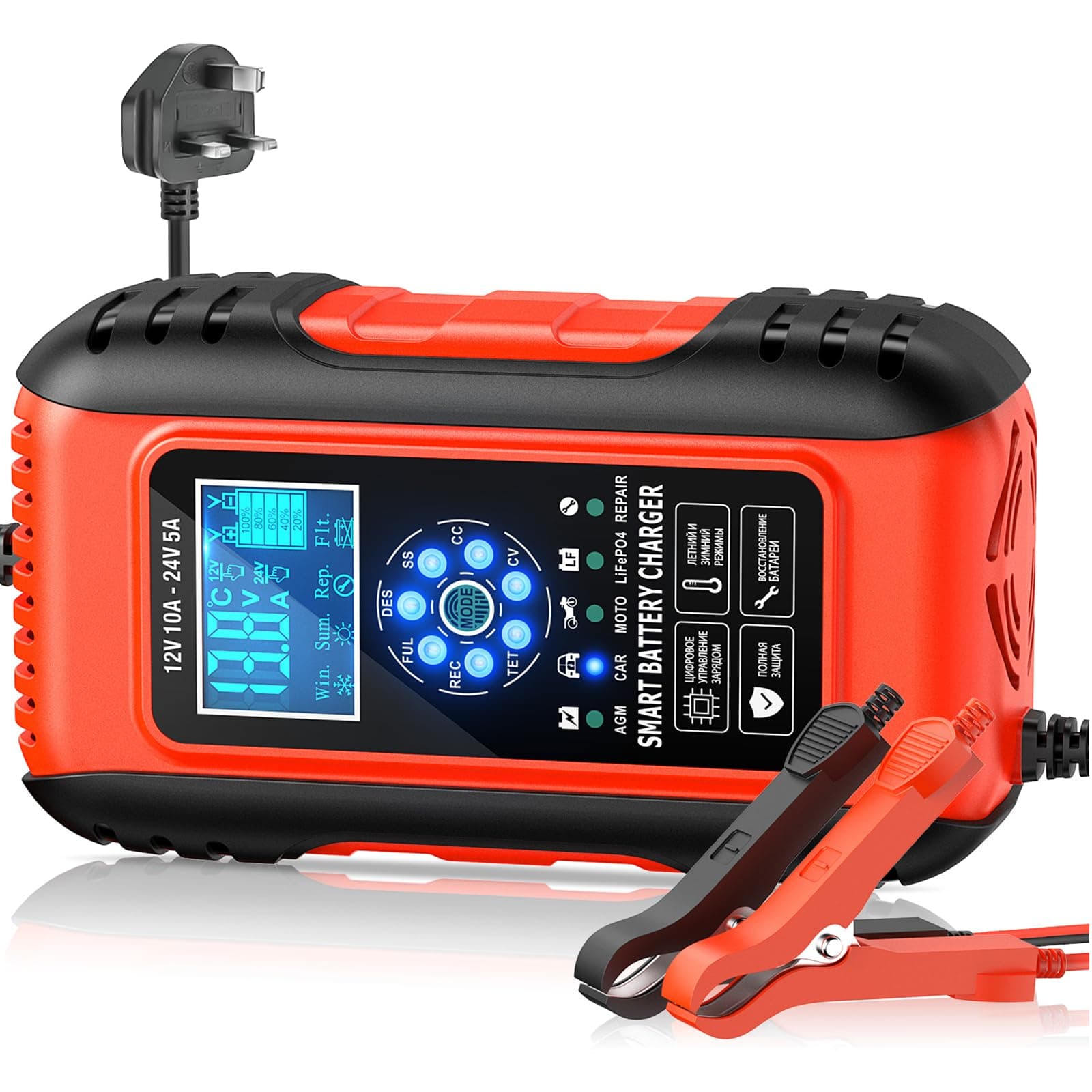 10Amp Car Battery Charger 12V/24V, 7 Stage Charging Smart Fully Automotive Battery Charger with Maintainer/Pulse Repair Charger Pack for Car, Motorcycle, Lead Acid Batteries & AGM