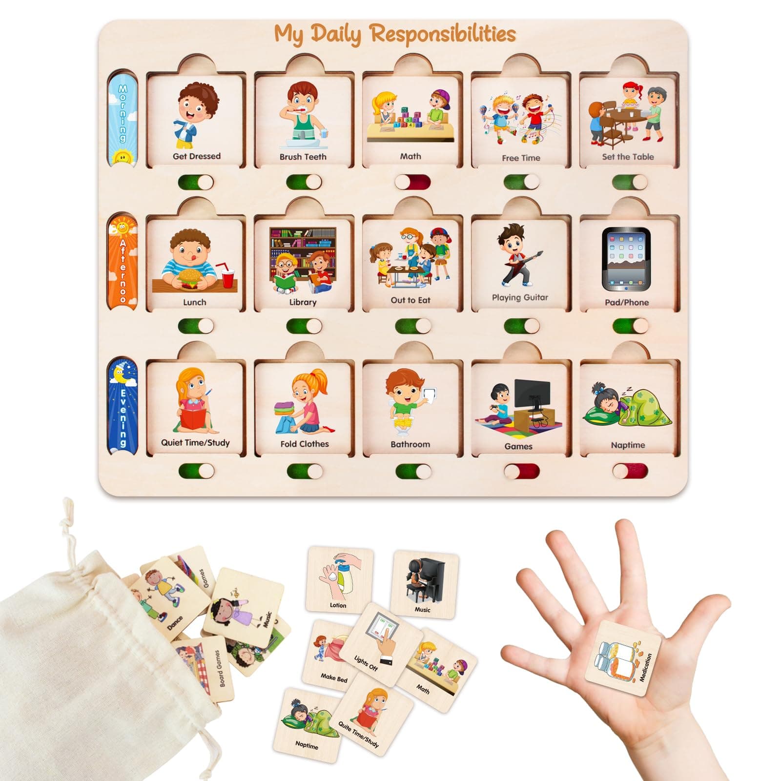 ABCxGOOD Wooden Visual Schedule for Kids Chore Chart, Morning Bedtime Daily Routine Chart for Toddlers, Autism Learning Materials for Homeschool Classroom,76 Wooden Cards.