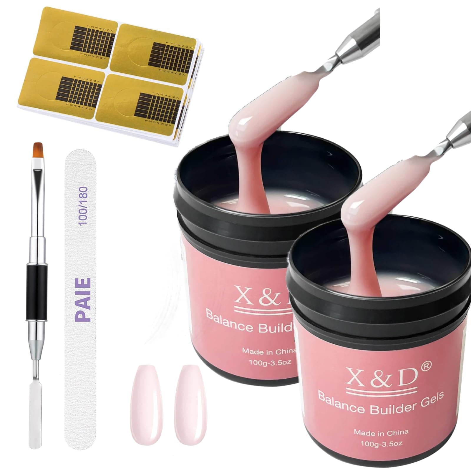 X&D Gel Nail Polish Kit UV Polygel 2 Bottles Quick Dry 100g Natural Clear Color Nail Extension with Nail Forms, Nail File, Acrylic Nail Sable Brush (2PCS Nude Pink)