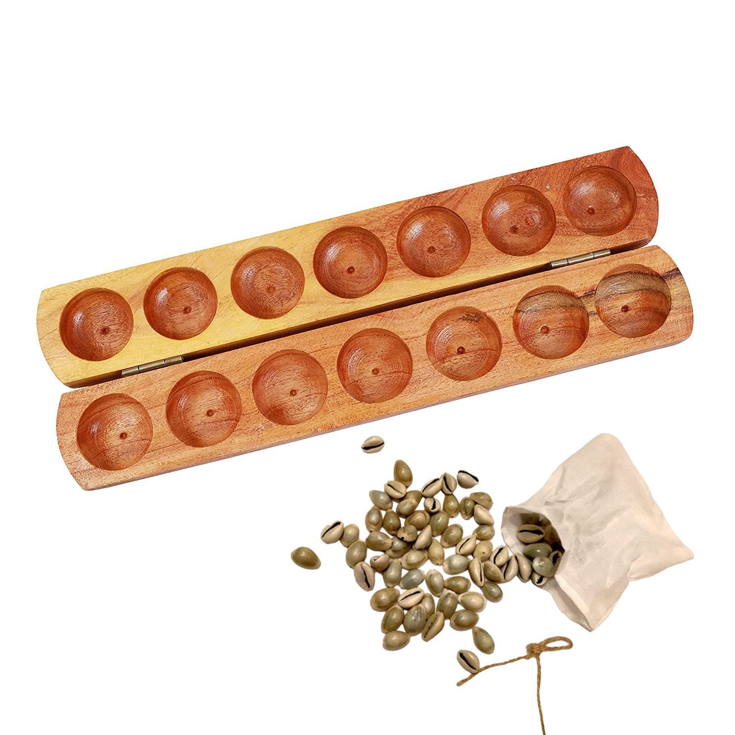 Vamana Guntalu Hard Wood / Pallanghuzi / Mancala Wooden Board Game/ with 70 Seashells and storage bag- 14 Pit