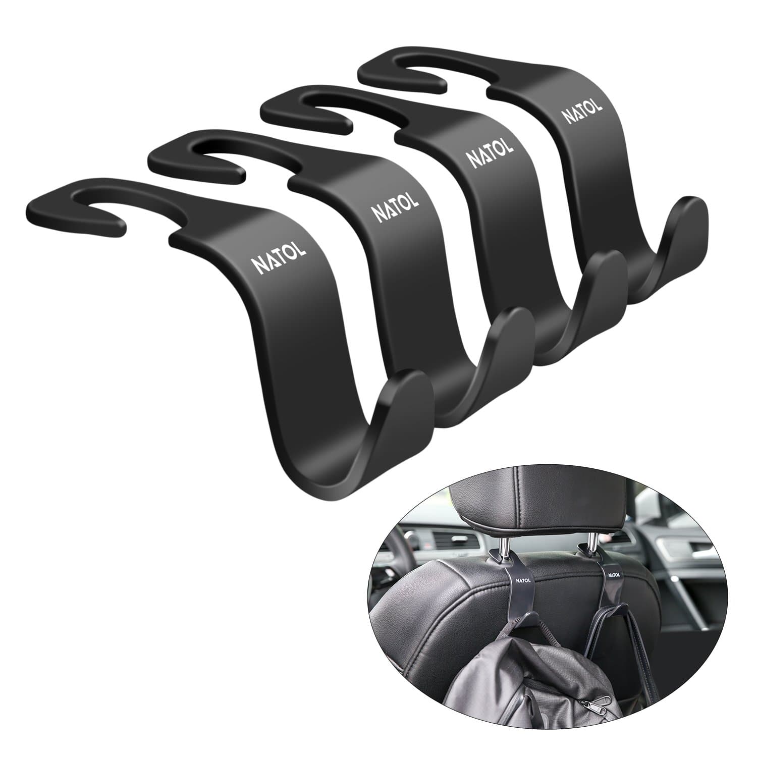NATOL Car Hooks, Universal Car Headrest Hooks for Purse Handbag Coat Umbrella and Grocery Bag, 4 Packs