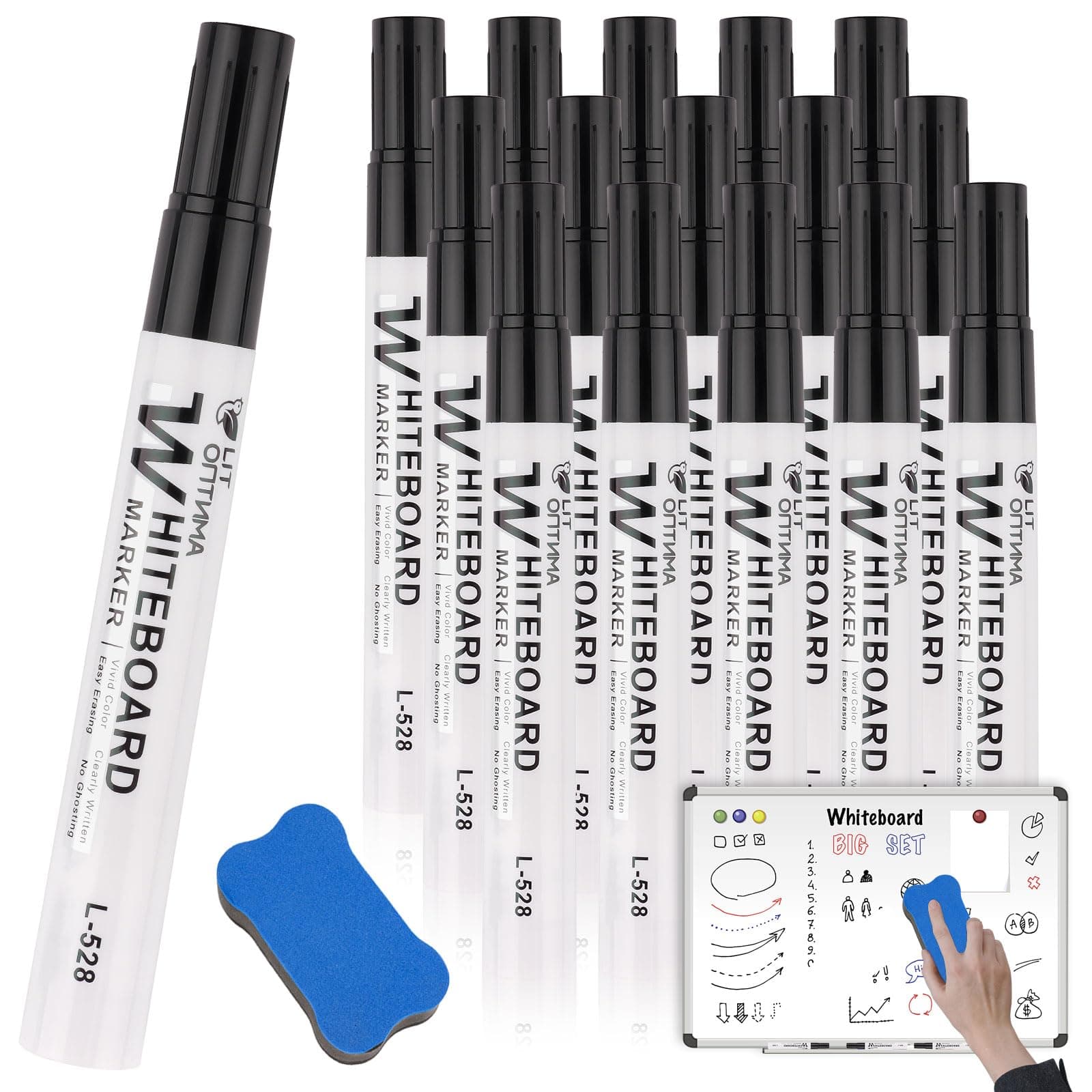 White Board Markers Black Erasable, 15 Pcs White Board Black Pens, Marker Pens for White Board, 3mm Dry Erase Markers with 1 Eraser, Dry Wipe Pens for Whiteboard Office School
