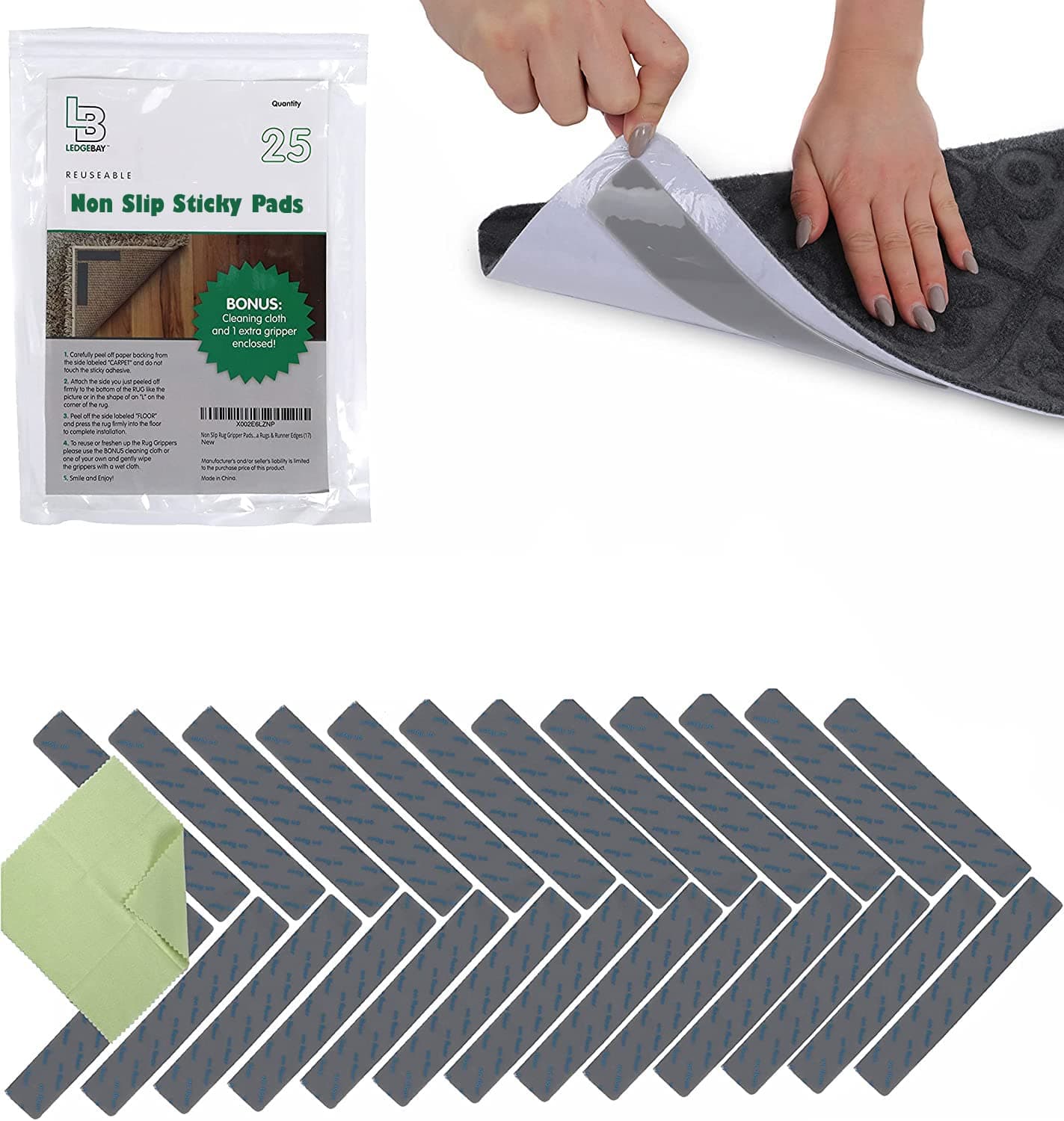 LedgebayRug Pad Grippers for Area Rugs Pack of 25 Reusable, No Skid, Washable, Anti-Slip Pads, Rug Gripper for Hardwood Floors and Tile with Double-Sided, Self Adhesive Rug Tape to Keep Rugs Flat