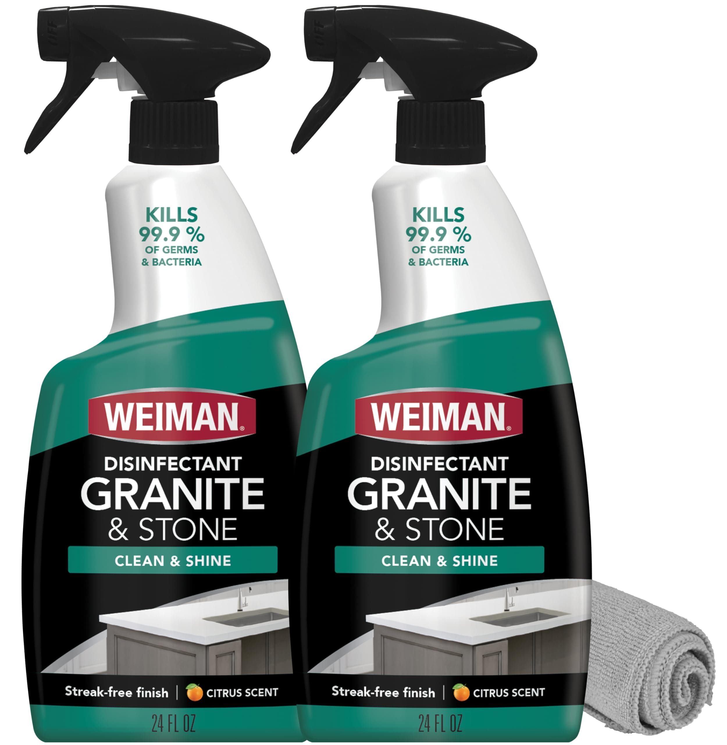 Weiman Disinfectant Granite Daily Clean & Shine (2 Pack with Polishing Cloth) Safely Clean Disinfect and Shine Granite Marble Soapstone Quartz Quartzite Slate Limestone Corian Laminate Tile Countertop