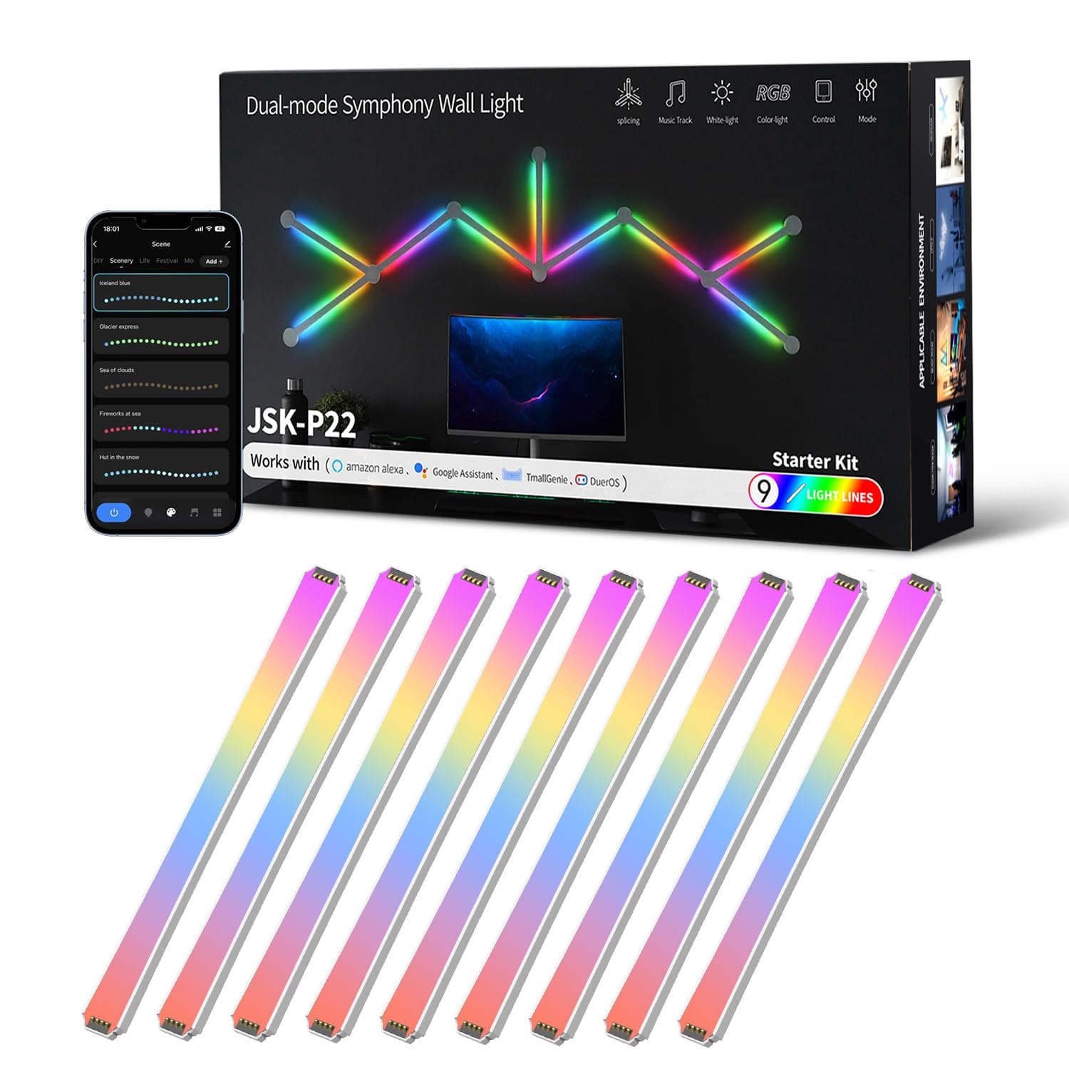 إضاءة حائط ذكية بتقنية الواي فاي، 9 قطع، متزامنة مع الموسيقى بألوان متعددة، أكثر من 40 مشهدًا ديناميكيًا، تعمل مAlexa وGoogle Assistant، قطاع إضاءة LED للديكور المنزلي والنوادي والبارات والمنزل.