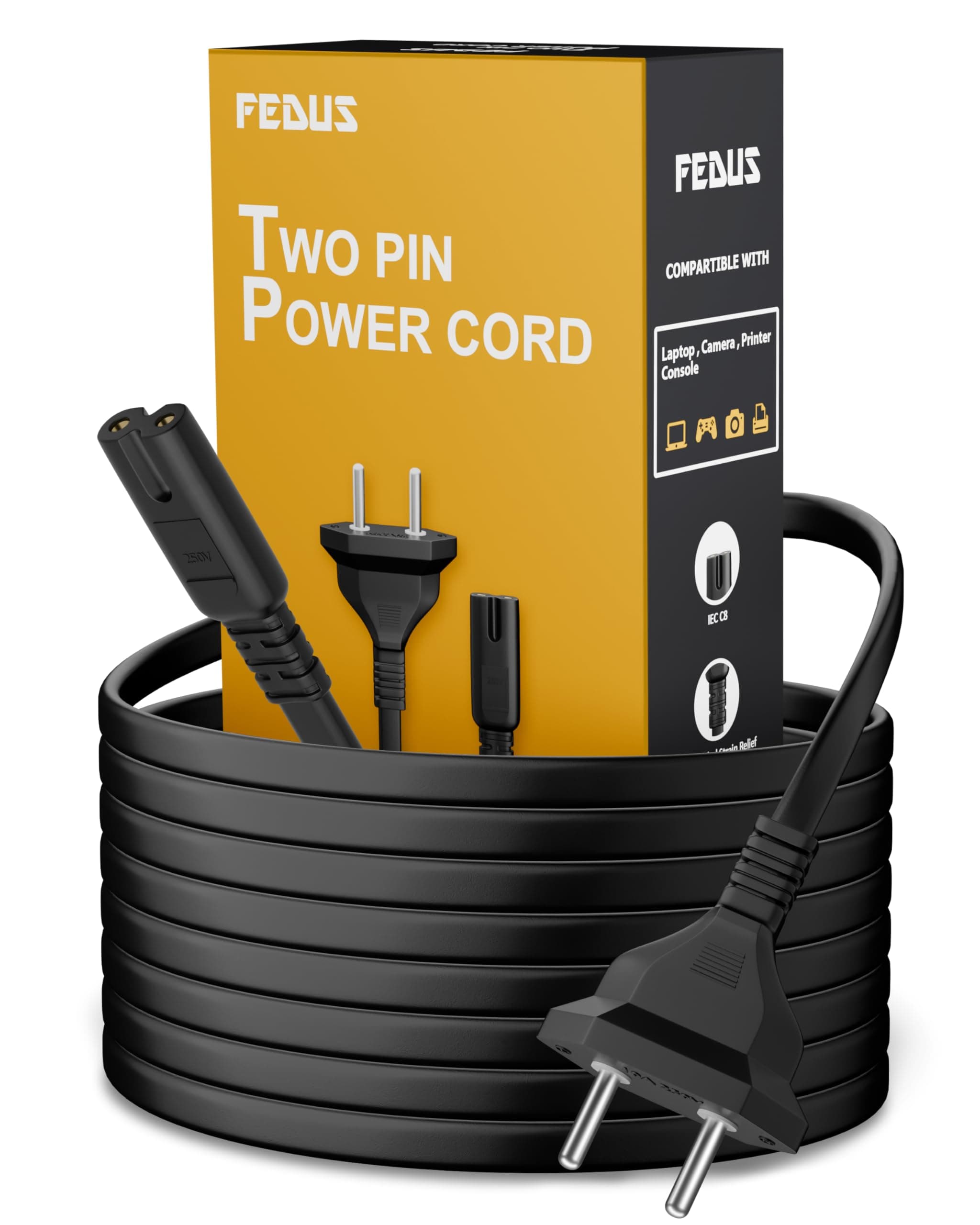 FEDUS 3 Meter 2-pin Universal Replacement AC Power Cord Cable Wire for LED TV, Printer, Play Station, Laptop PC Notebook Computer, Tape Recorder, Camera