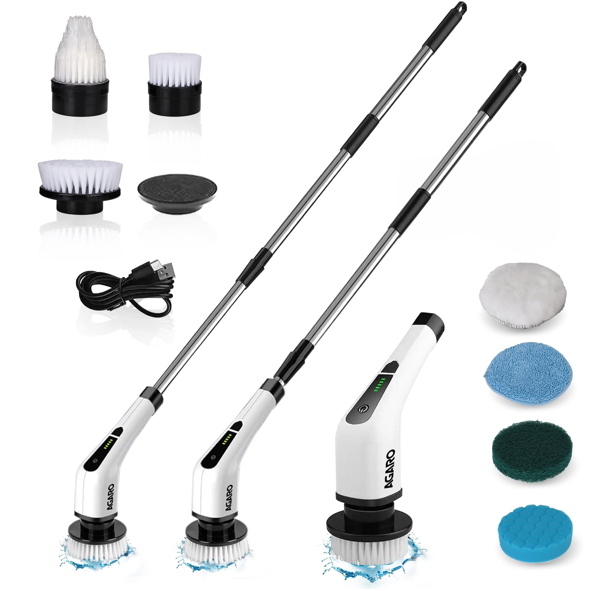 AGARO Royal Electric Spin Scrubber, Cleaning Brush Scrubber for Home, 400RPM/Min, 8 Replaceable Brush Heads, 90 Min Work Time, 3 Adjustable Size, 2 Adjustable Speeds, for Bathroom, Floor Tiles, White