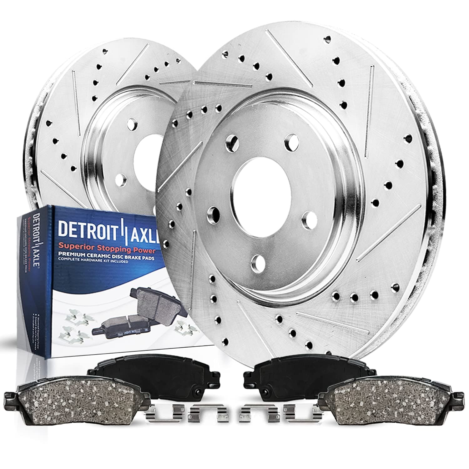 Front Brake Kit for Lexus GS350 GS460 GS450h GS200t IS200t IS300 IS350 RC200t RC300 RC350, 13.15" inch Drilled and Slotted Disc Brake Rotors Ceramic Brake Pads with Hardware Replacement