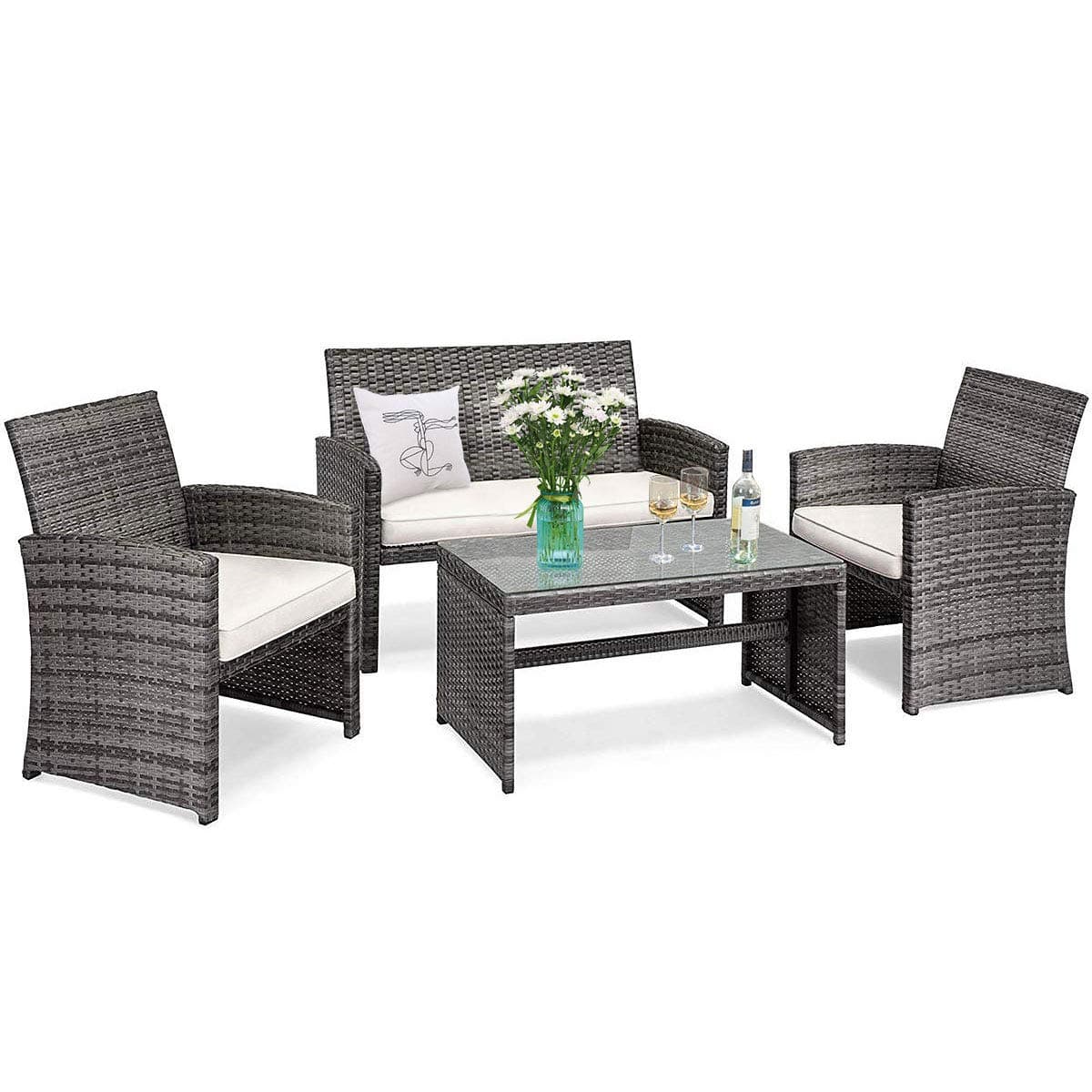 Tangkula 4 PCS Wicker Patio Conversation Set, Outdoor Rattan Sofas with Table Set, Patio Furniture Set with Soft Cushions & Tempered Glass Coffee Table for Poolside Balcony