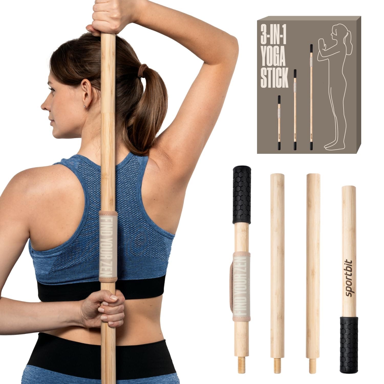 SportBit Bamboo Yoga Stick with Neck Pillow - Collapsible and Portable 5.1FT Exercise Stick - Fully Adjustable Yoga Accessories Perfect for Stretching, Posture Correction, Balance