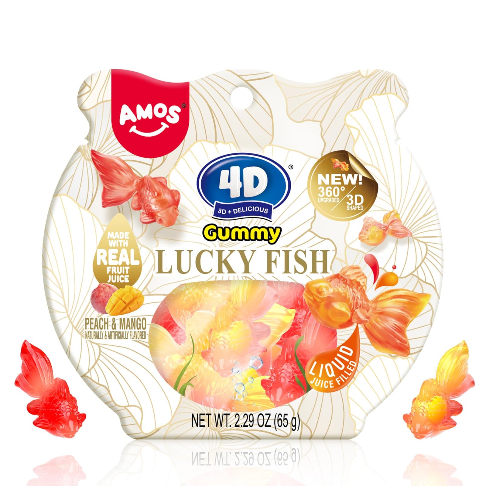 4D Gummy Lucky Fish Candy, 3D Goldfish-Shaped Gummies with Mango & Peach Juice, 65g per Bag, Gluten-Free Snack