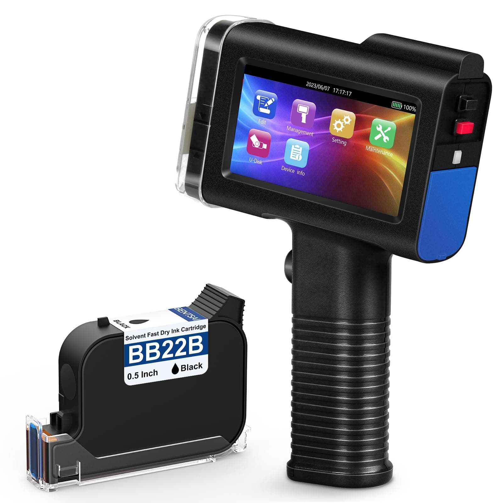 BENTSAI BT-HH6105B2 Handheld Inkjet Printer with HD LED Touch Screen for Logo Barcode Label Series Number Production Date (Blue, 4.3In)