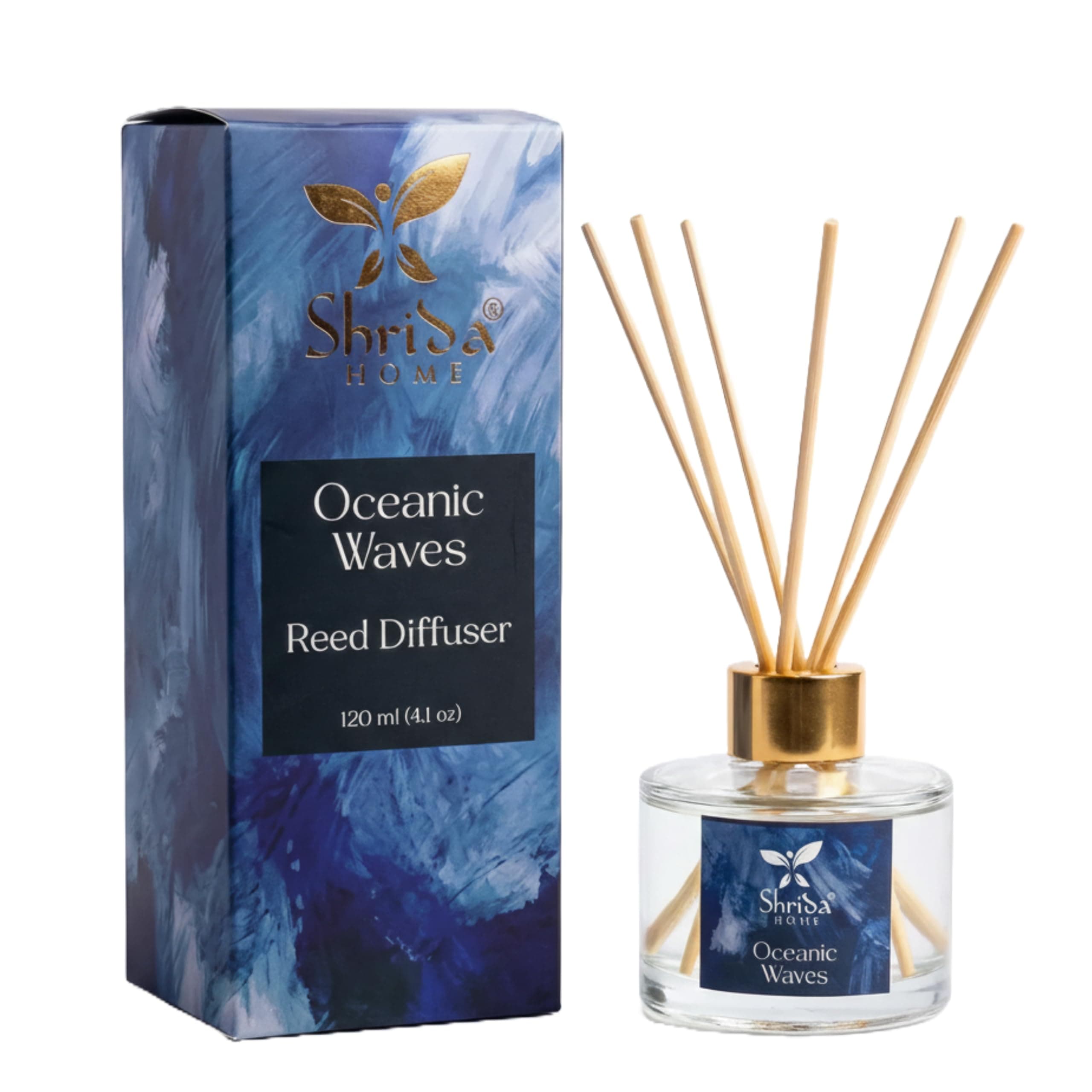 Home Oceanic Waves Reed Diffuser, 120ml Aroma Oil Glass Set with Natural Sticks, Long Lasting Fresh Aquatic Fragrance for Home, Bedroom, Living Room, Bathroom and Office