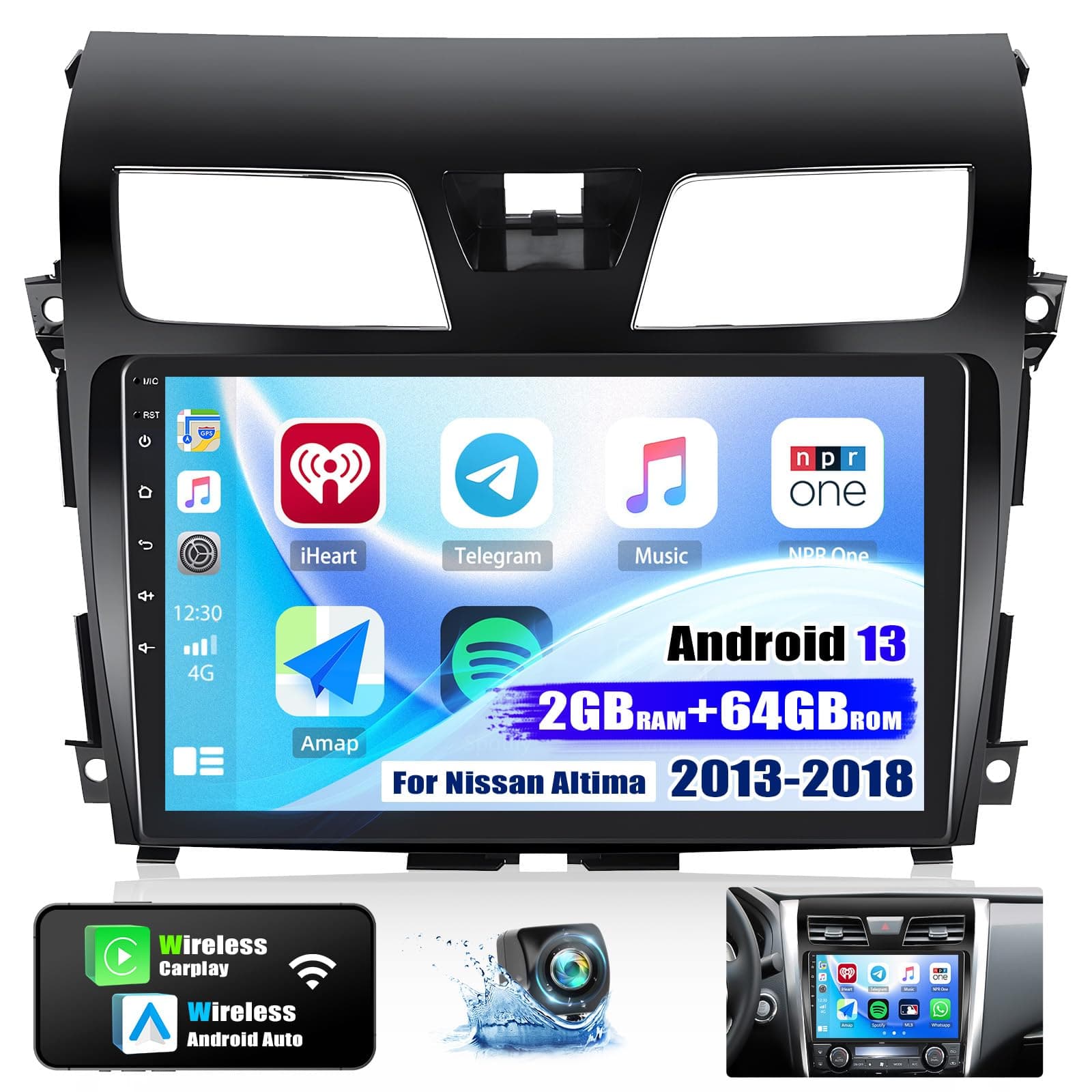 2+64G Android 13 Car Stereo for Nissan Altima 2013-2018 with Wireless Carplay Android Auto,10.1'' Touchscreen Car Radio with Mirror Link,WiFi,GPS Navigation,Bluetooth,FM/RDS Radio,SWC+AHD Rear Camera