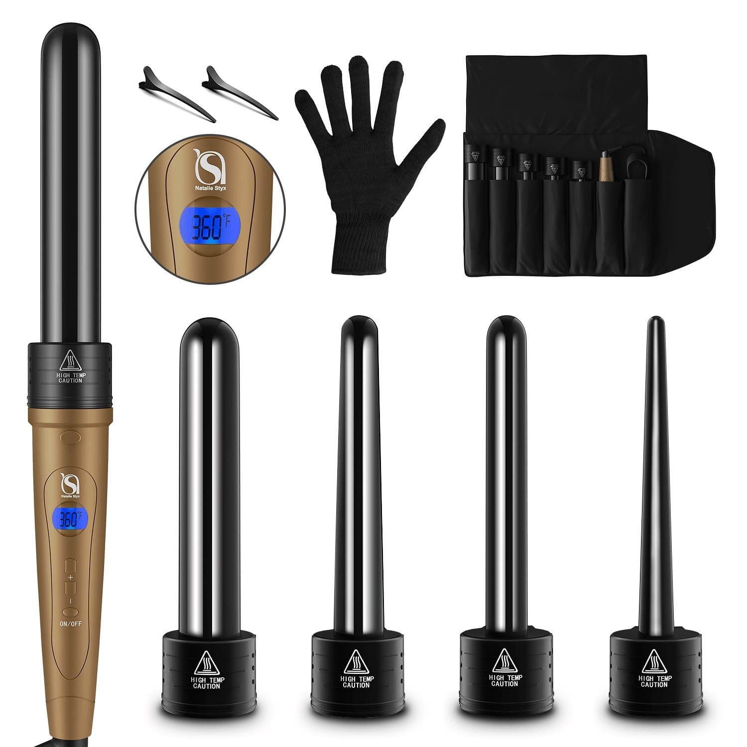 5 in 1 Curling Iron 5 Interchangeable Hair Wand Ceramic Barrels, Professional Hair Curler with a Heat Protective Glove & Travel Bag