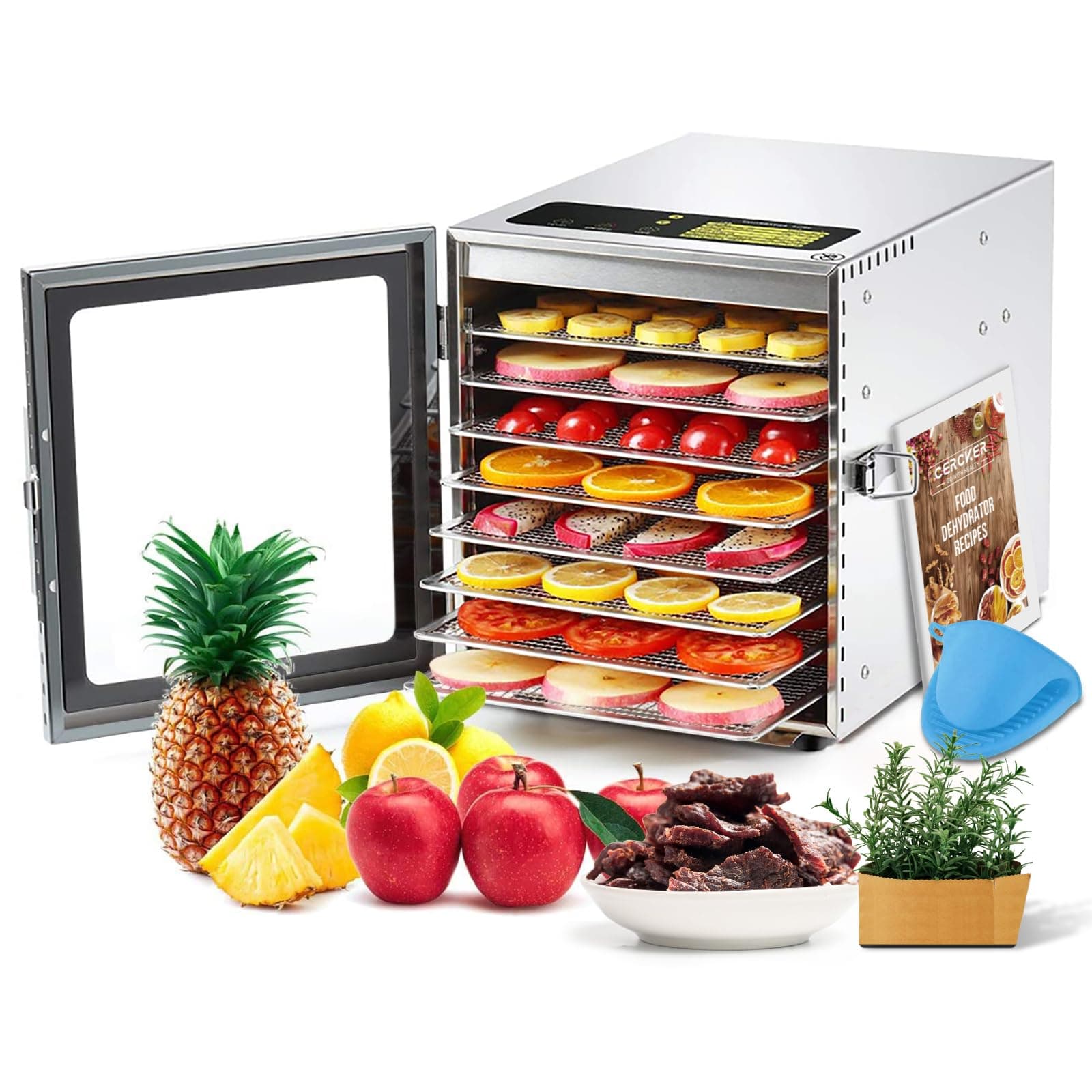 Food-Dehydrator Machine 8 Stainless Steel Trays, 500W Jerky Dehydrator for Meat, 190ºF Mushroom Dryer, 24H Timer Fruits Dryer for Herbs, Veggies, Yogurt & Dog Treats
