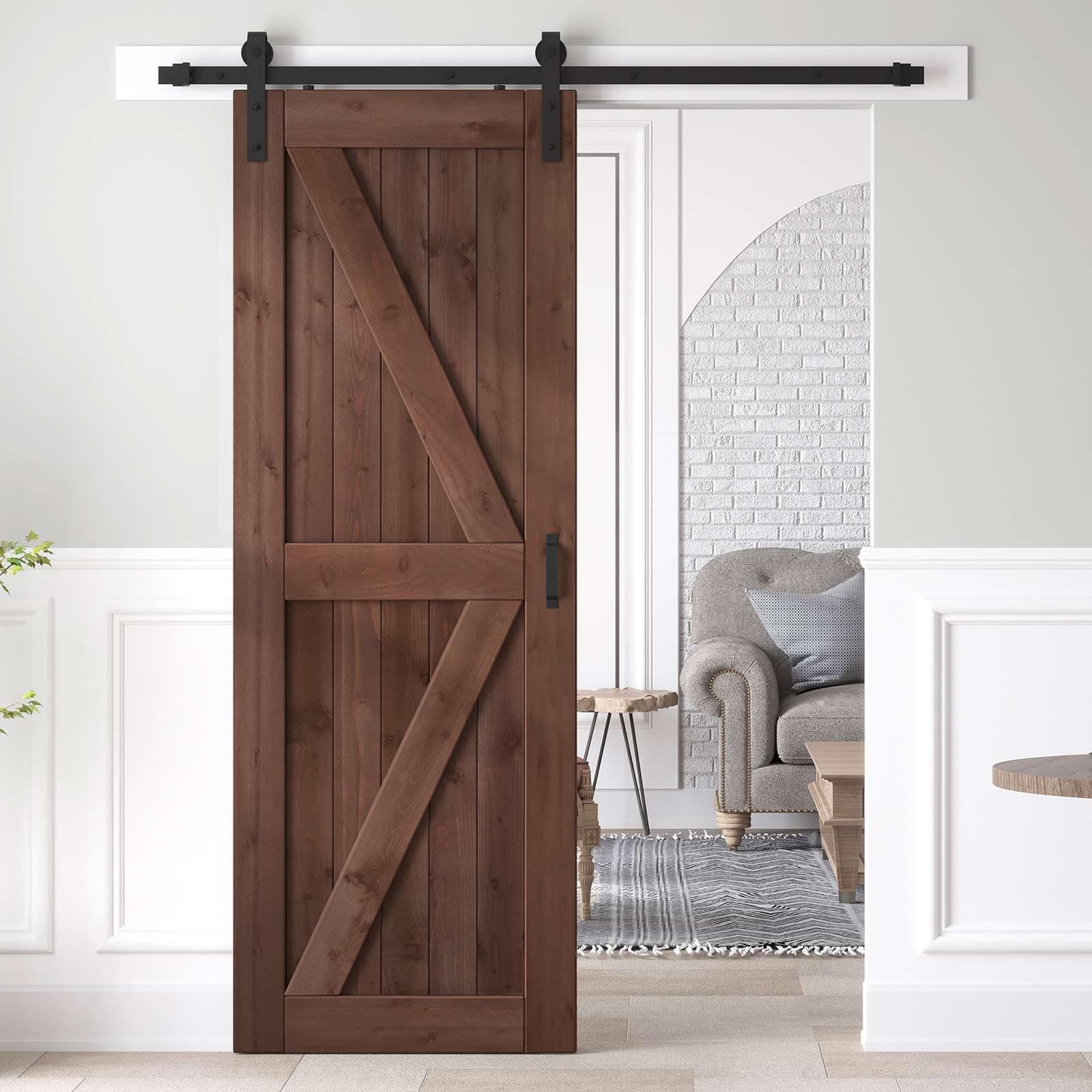30x84 inch Sliding Barn Wood Door Slab with 5ft Hardware Kit and Handle, Coffee, K Shape, Simple DIY Assembly