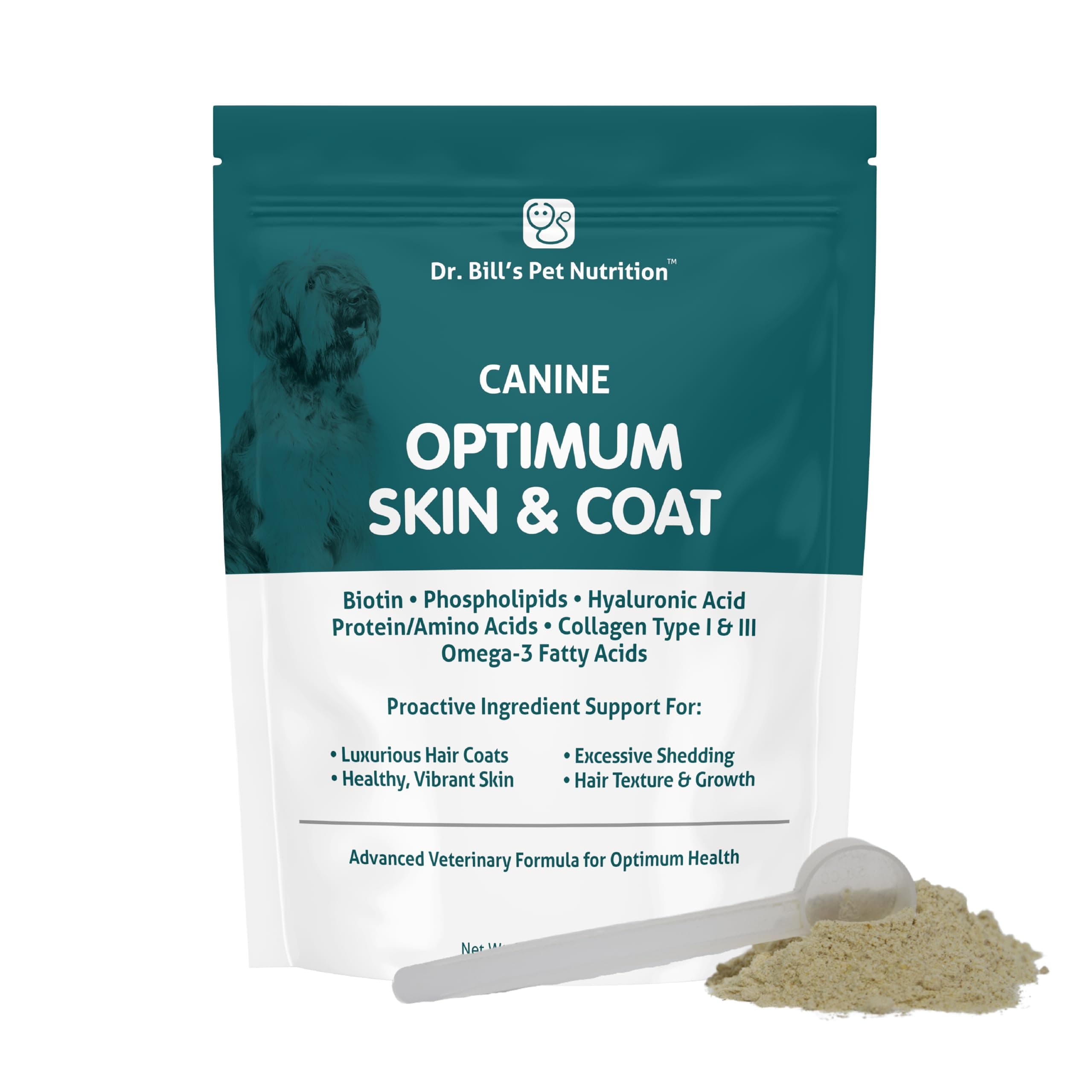 Dr. Bill's Canine Optimum Skin & Coat – Reduces Shedding, Itching, Dry Skin – Allergy Relief for Healthy Fur - Omega 3, Collagen, Biotin & Hyaluronic Acid – 340g Vet-Recommended Dog Supplement