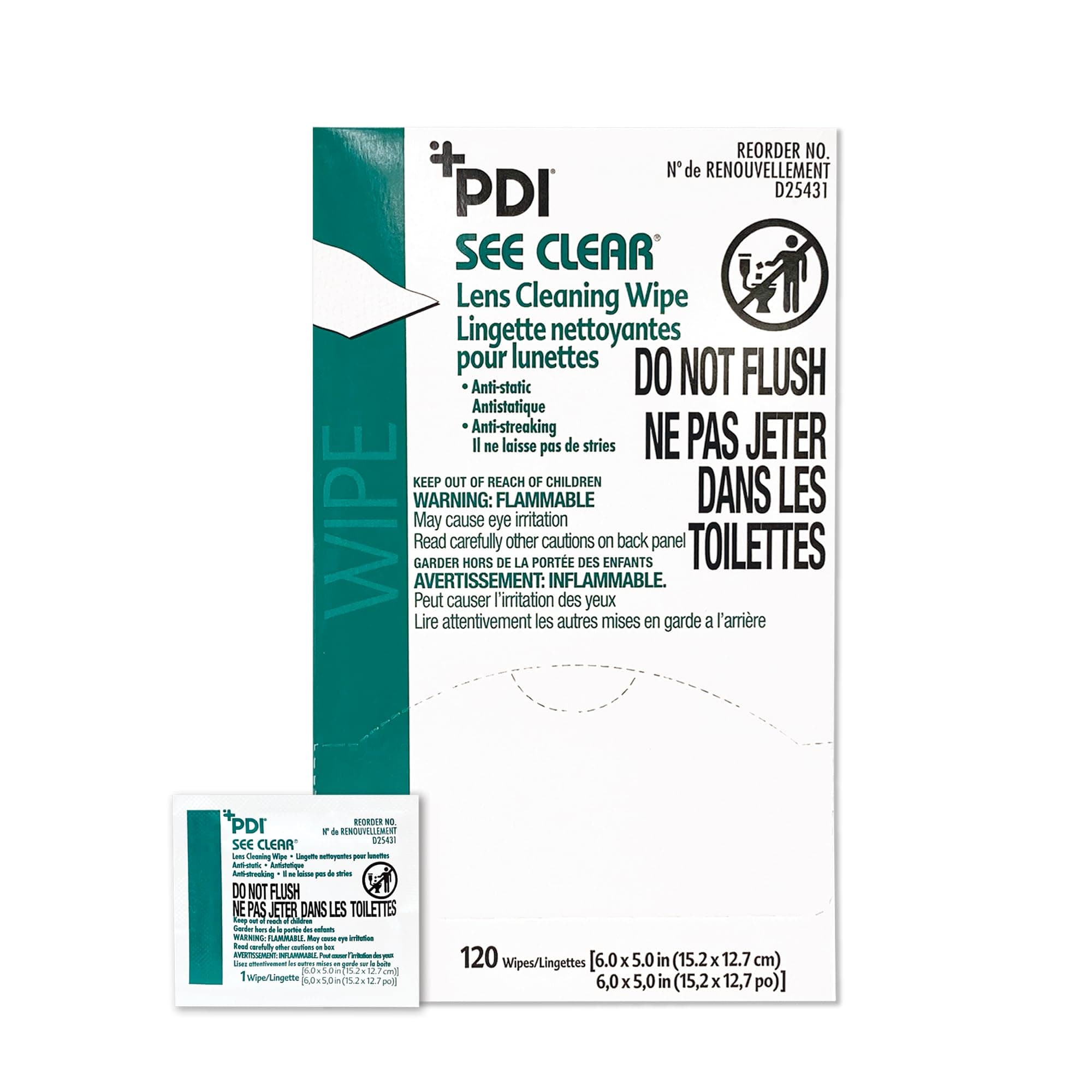 PDI See Clear Lens Cleaning Wipes, Non-Streaking & Anti-Static for Glasses, Eyeglasses, Loupes & Safety Eyewear, 1 Box of 120 Individually Wrapped Packets, Large 6" x 5"