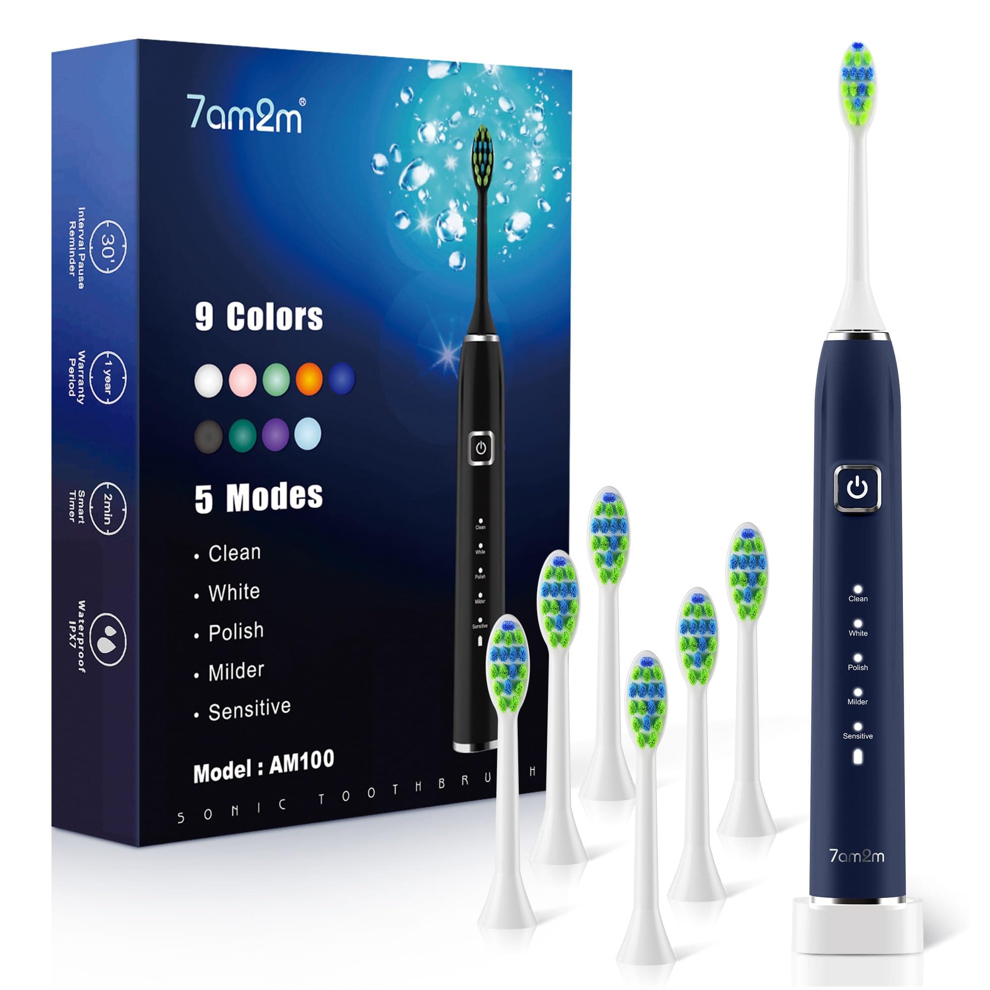 7AM2M Sonic Electric Toothbrush with 6 Brush Heads for Adults and Kids, One Charge for 90 Days, Wireless Fast Charge, 5 Modes with 2 Minutes Build in Smart Timer, Electric Toothbrushes(Navy Blue)