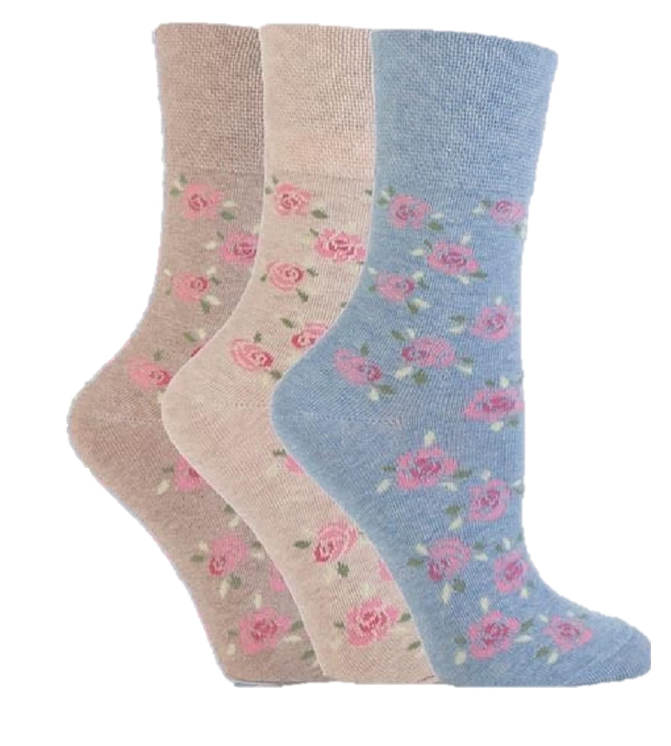 3x Pairs of Ladies Designer Gentle Grip Non-Elastic Cotton Socks with HoneyComb Top / UK 4-8 Eur 37-42