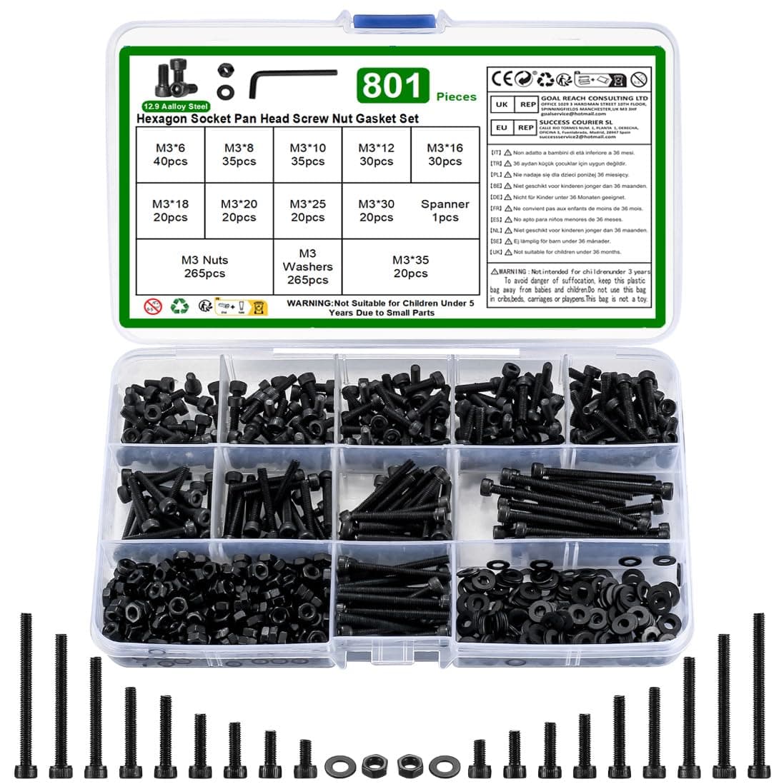 M3 Hex Socket Head Cap Screws Bolts and Nuts and Washers Assortment Kit, 801 Pcs Metric Allen Hex Socket Head Cap Screws Bolts, 12.9 Grade Alloy Steel, Fully Threaded, Black Oxide Finish