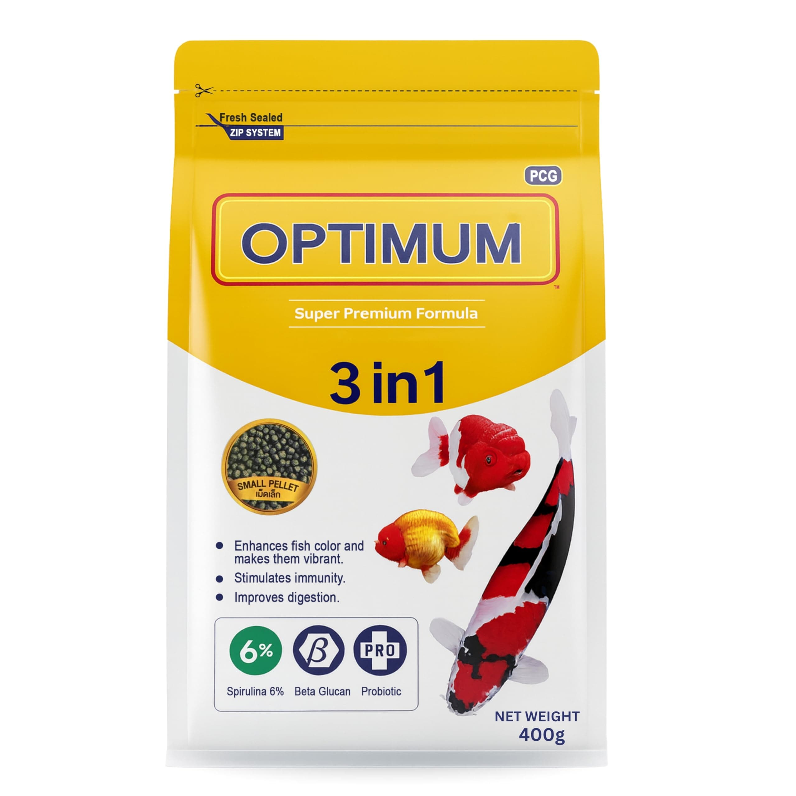 Foodie Puppies Optimum 3 in 1 Premium Formula Fish Food for Carp, Goldfish, and Cichlid Spirulina 6% Floating Type Small Pellet - 400gm with Free Key Ring