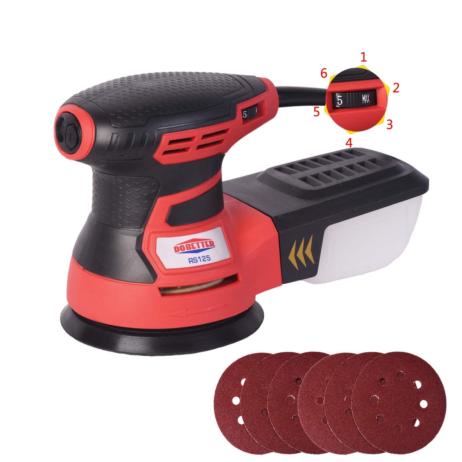 Dobetter 5" Random Orbit Sander with 6Pcs Sandpaper, 6 Variable Speed Detail Polisher Electric Sander for Home Decoration and DIY -RS125/2.8A/13000 OPM