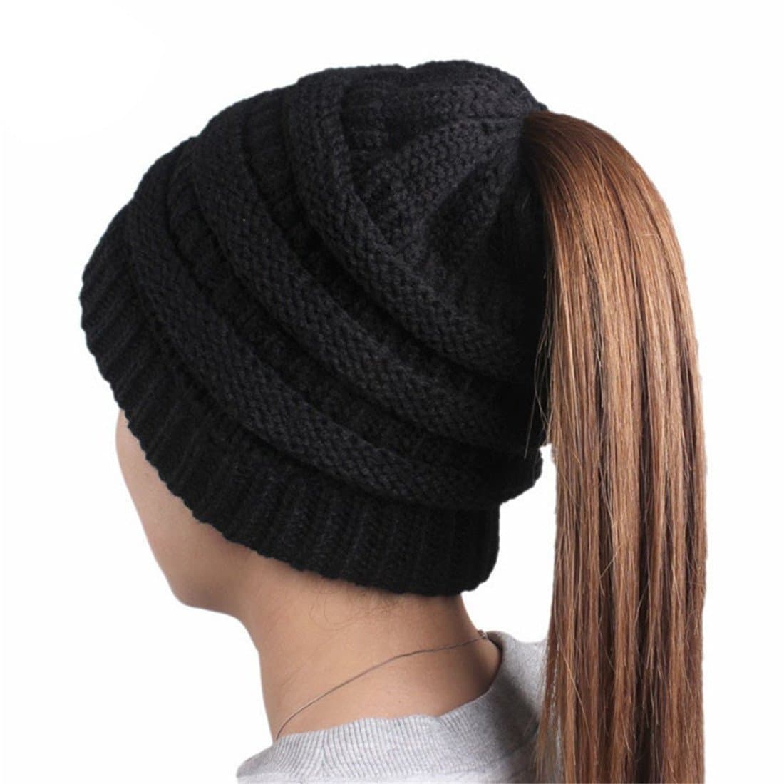 Wholesale Womens Beanie Tail Hats Ponytail Beanie Hats Soft Stretch Cable Knit Messy High Bun Knit Beanies Warm Winter Chunky Skull Cap for Sports Outdoor Black