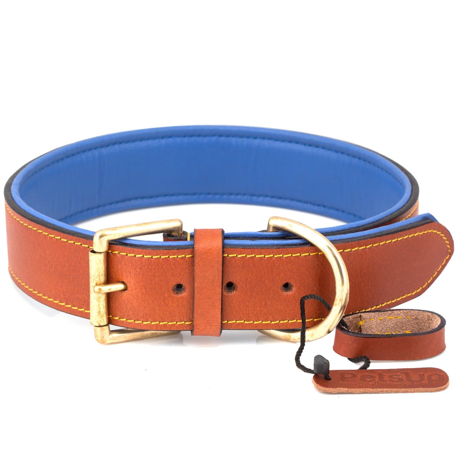 PetsUp Padded Leather Dog Collars (X-Large, Royal Collar- Tan/Blue)