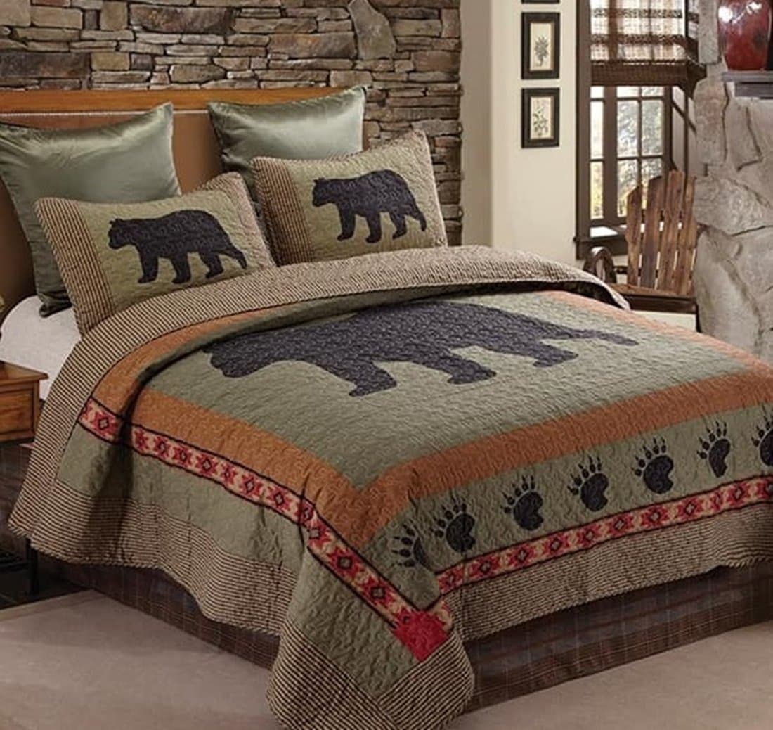 Lodge 3pc Full/Queen Size Rustic Country Cabin Black Bear Quilt Set (90"x90") Quilt + 2 Pillow Shams