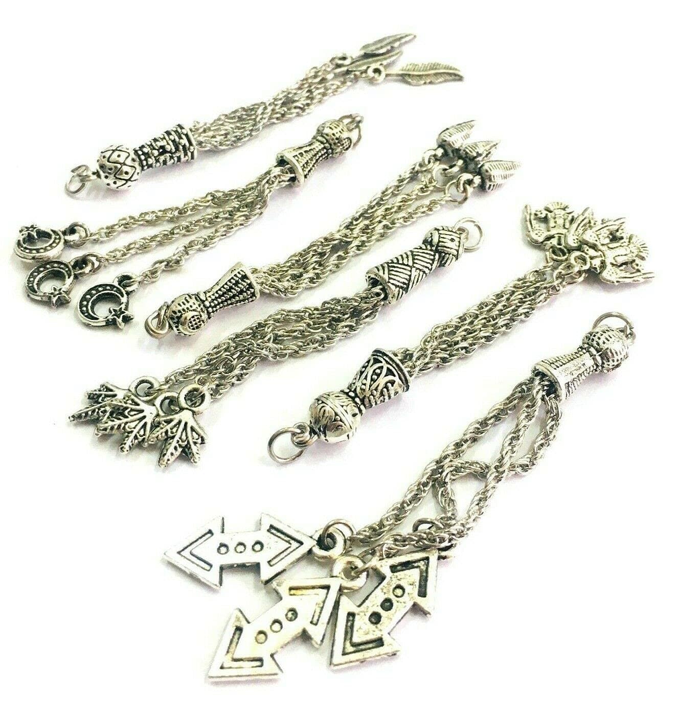 Perlin Set of 5 Tespih Tassel, Tassel, Püskül, Silver Metal for Prayer Beads, Tasbih Tespih Chain, Misbaha Subha Muslim Islamic Rosary Prayer Wor Accessories, 6~7,5 cm