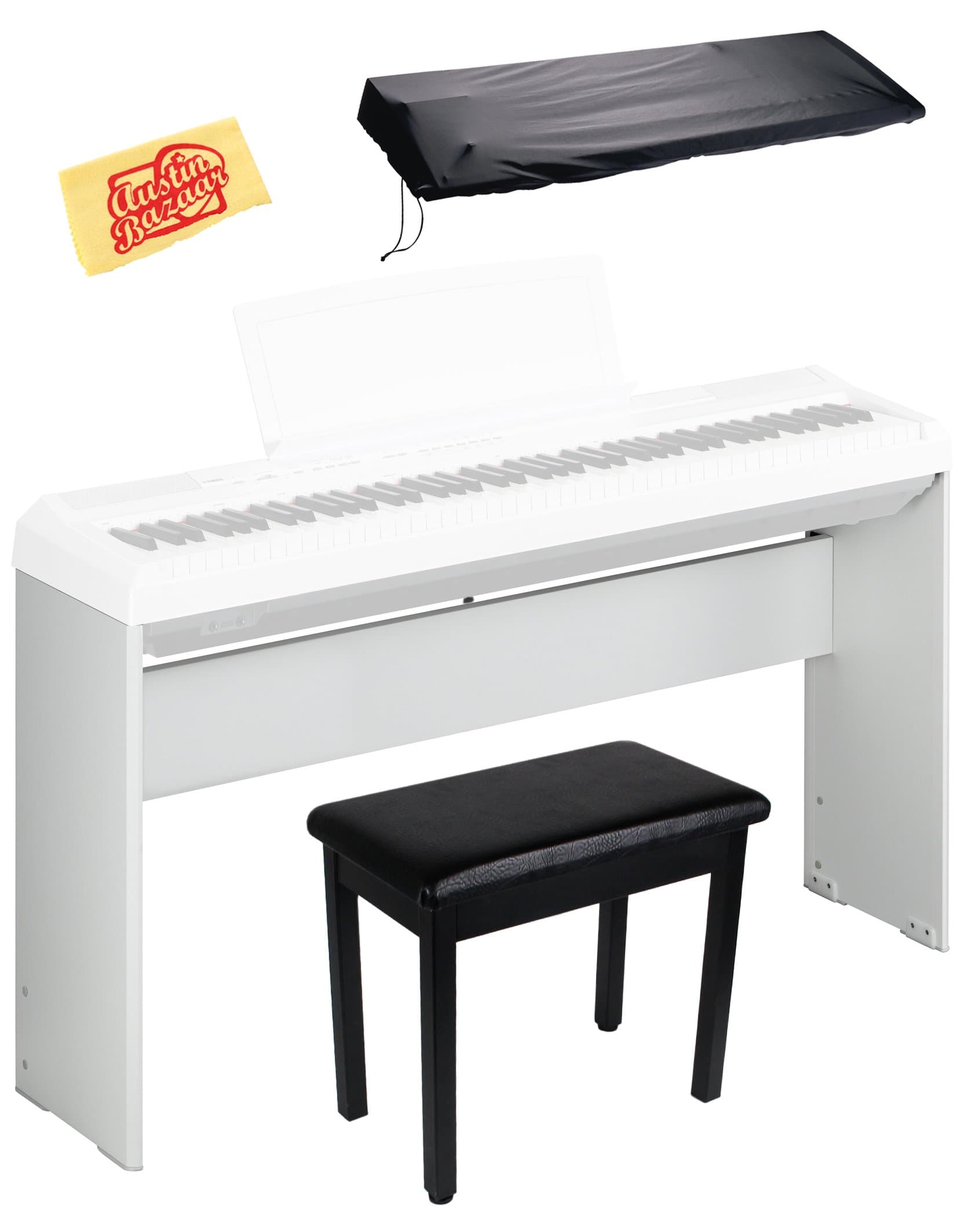 Yamaha L-85WH Furniture Stand for P-35, P-45, P-85, P-95, P-105, P-115 Digital Piano - White Bundle with Furniture Bench and Austin Bazaar Polishing Cloth