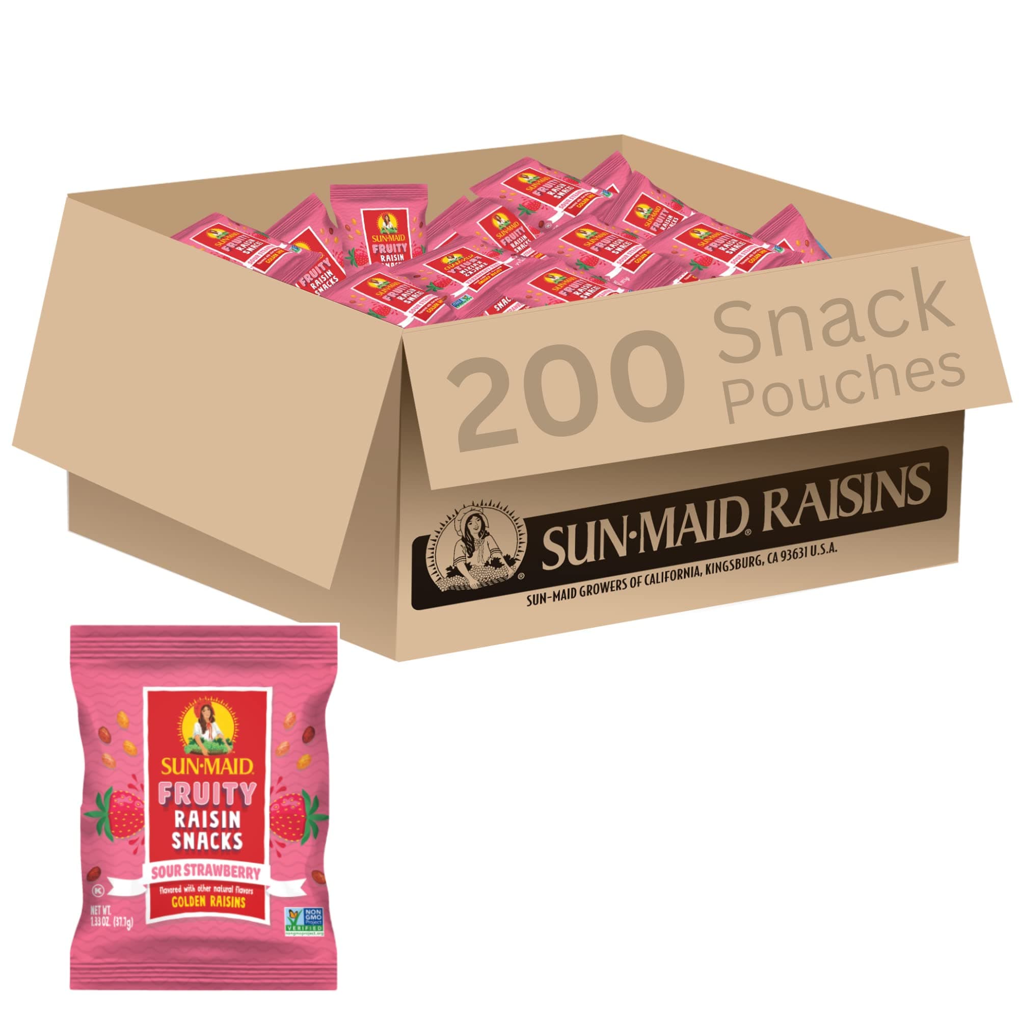 Sun-Maid Sour Strawberry Fruity Raisin Snacks - (200 Pack) 1.33 oz Pouches - Sour Strawberry Raisins - Dried Fruit Snack for Lunches and Snacks