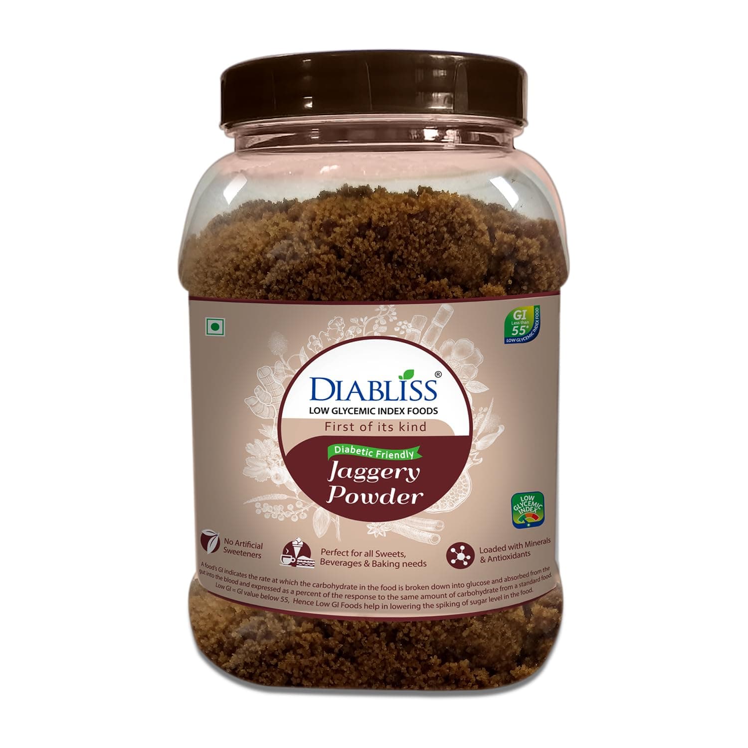 DiablissHerbal Jaggery Powder - Low Glycemic Index (GI) - Reusable Jar (1)