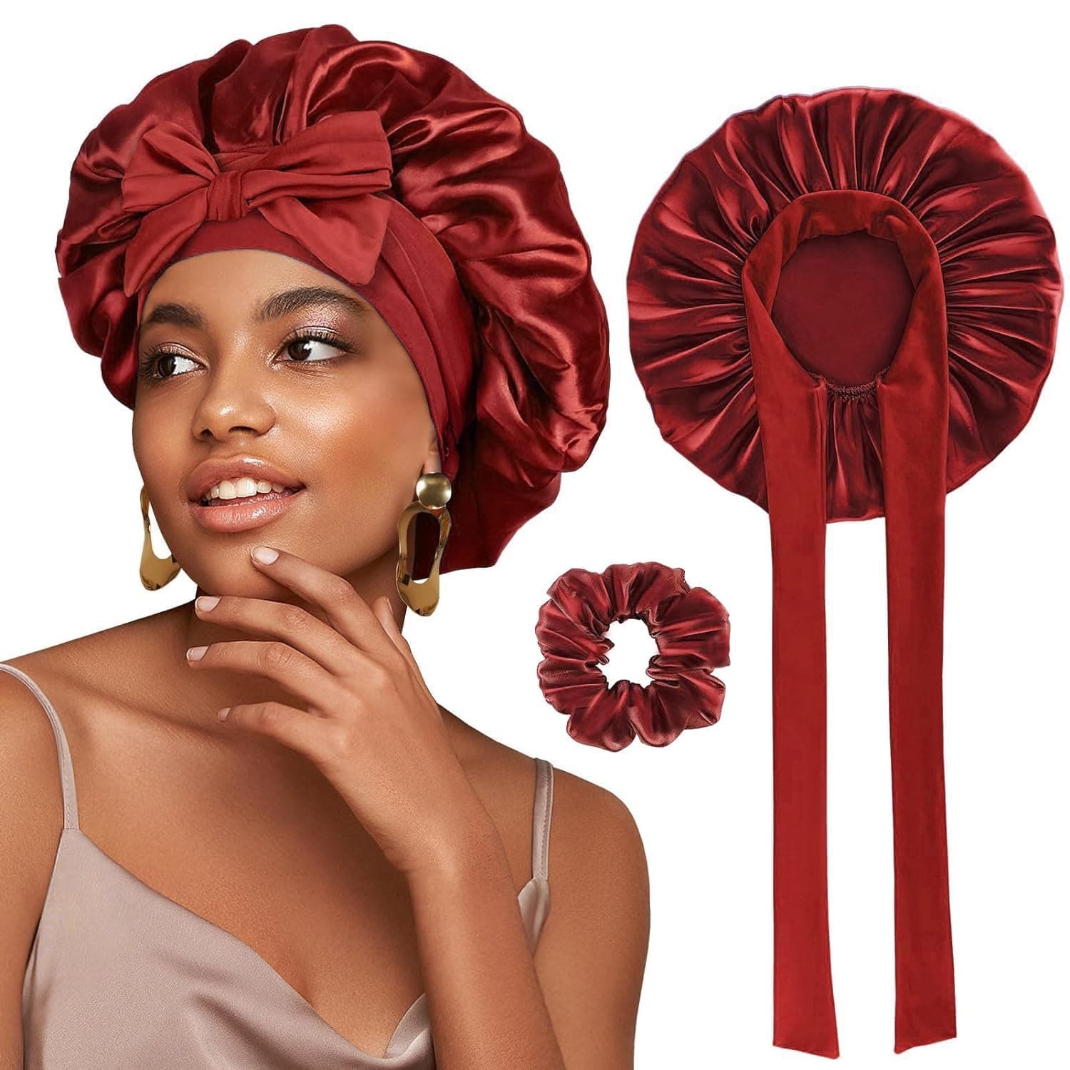 FOLAI Satin Bonnet,1PC Silk Sleep Bonnets for Women, Adjustable Satin Night Sleeping Cap Soft Elastic Band Silk Bonnets for Sleeping, Hair Bonnet with Tie Band for Curly Hair Braid Women (Wine Red)