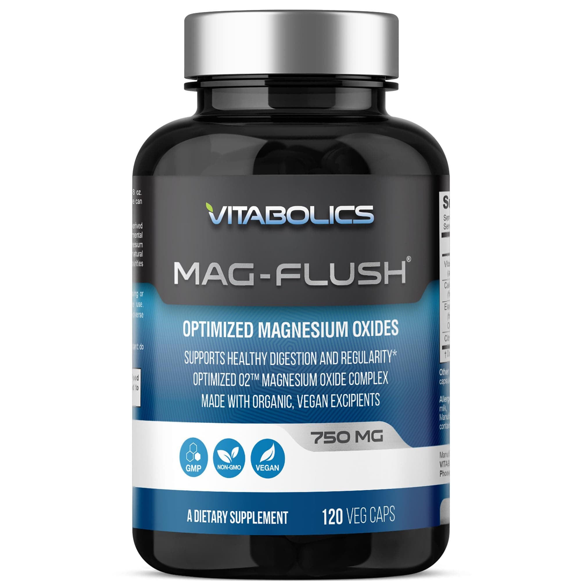 Vitabolics Mag Flush 750 mg 120 Vcaps - Natural Magnesium Oxide Oxygen Based Colon Cleanse Gentle Laxative Supports Healthy Digestive Tract Regularity