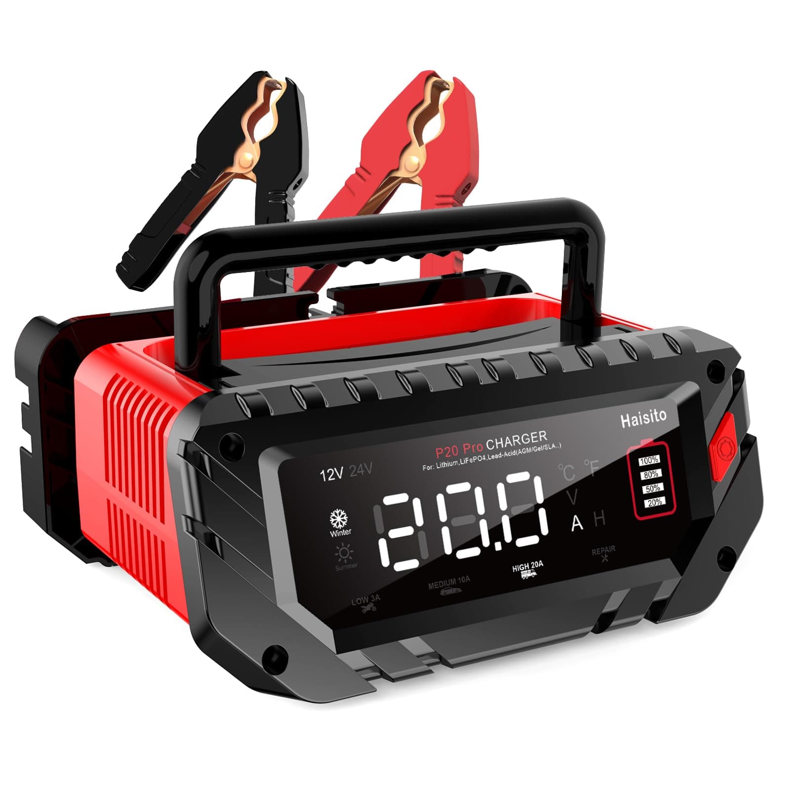 20 Amp Lithium Battery Charger, 12V and 24V Lifepo4,Lead-Acid(AGM/Gel/SLA..) Portable Car Battery Charger,Battery Maintainer, Trickle Charger, and Battery Desulfator for Car,Boat