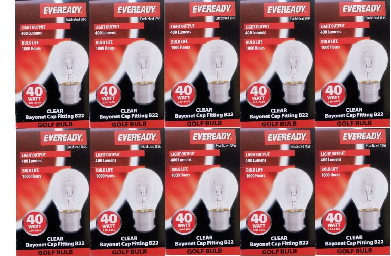 10 x EVEREADY Classic Golf Ball 40W, BC B22 B22d, Clear Round Light Bulbs, Bayonet Cap, Mini Globes Incandescent Dimmable P45/G45 Lamps, Mains 240V