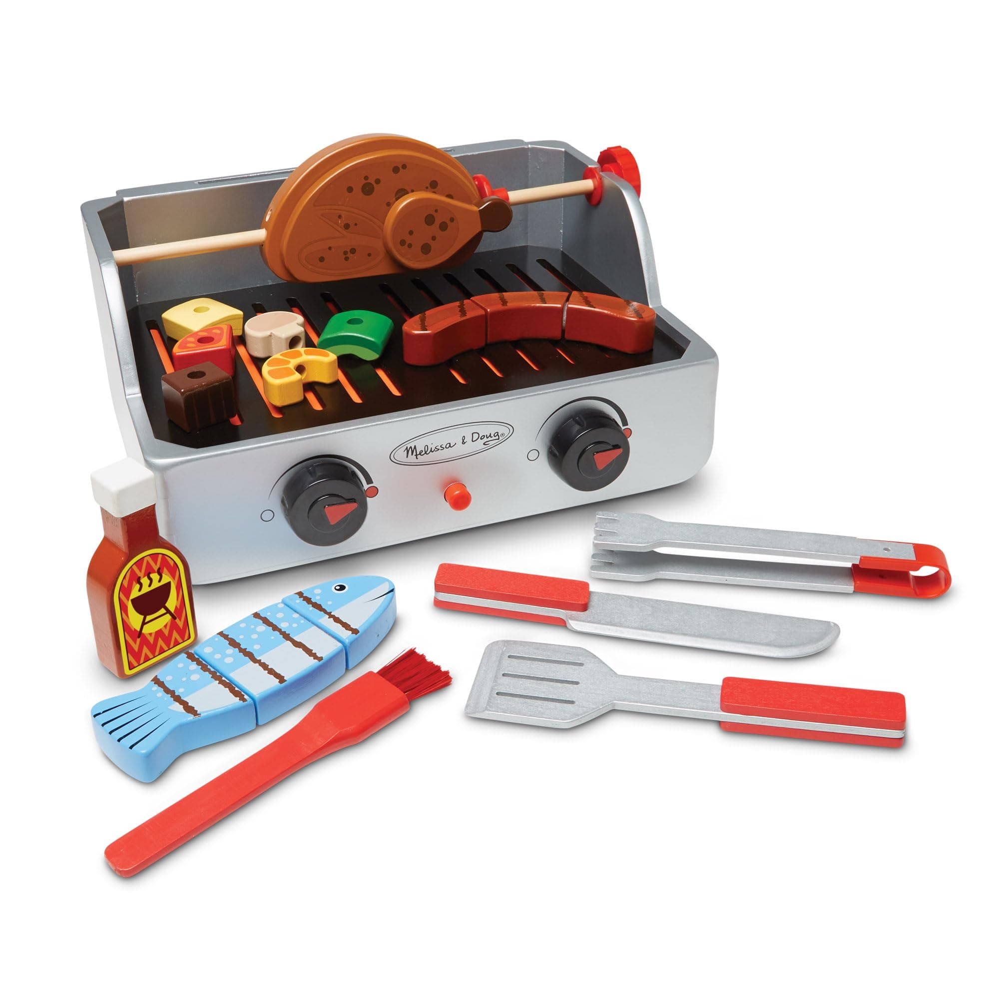 Rotisserie & Grill Barbecue Set – 24-Piece Wooden Playset with Rotating Skewer, BBQ Sauce & Utensils – Interactive Pretend Play Toy for Kids Age 3 Plus