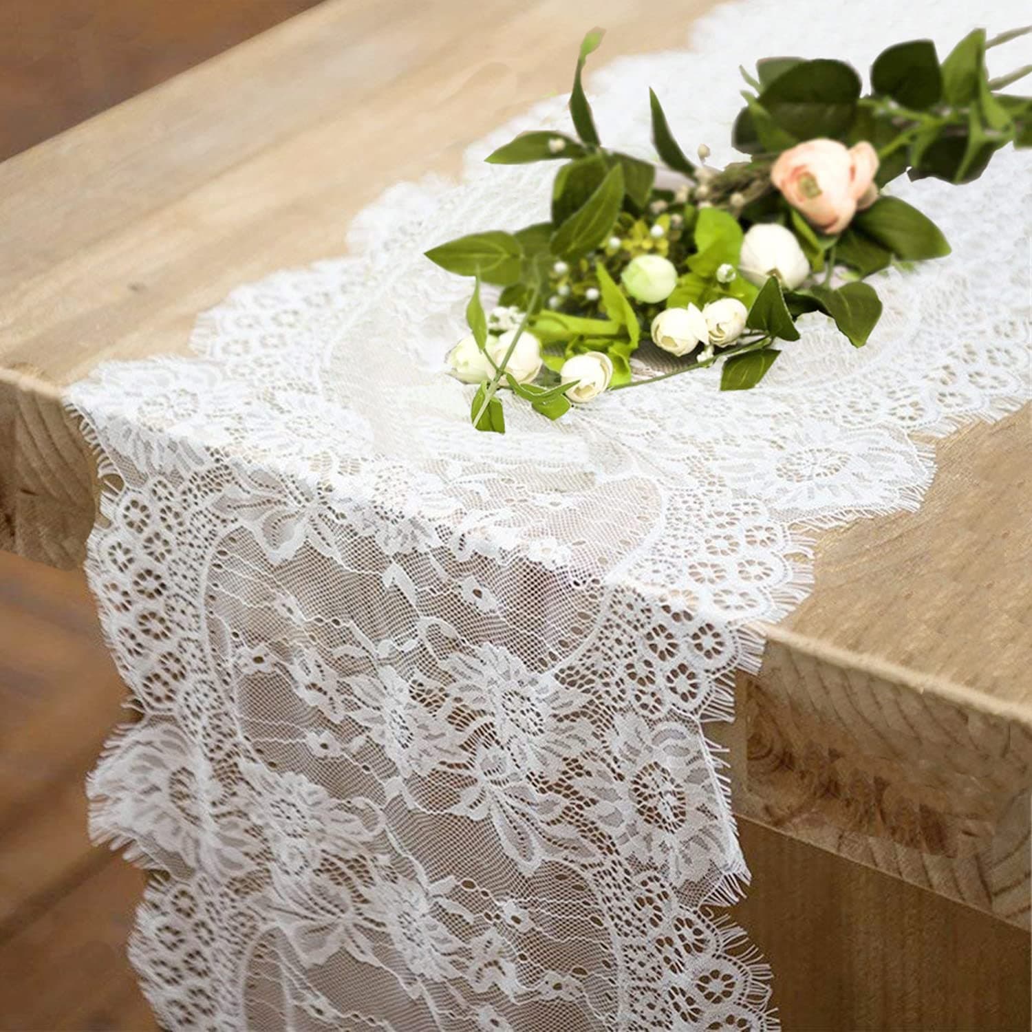 2 Pcs White Lace Table Runners 14 x 120 Inch for Wedding Bridal Shower Baby Shower Party Table Decoration, Rustic Rose Embroidered Boho Table Runner