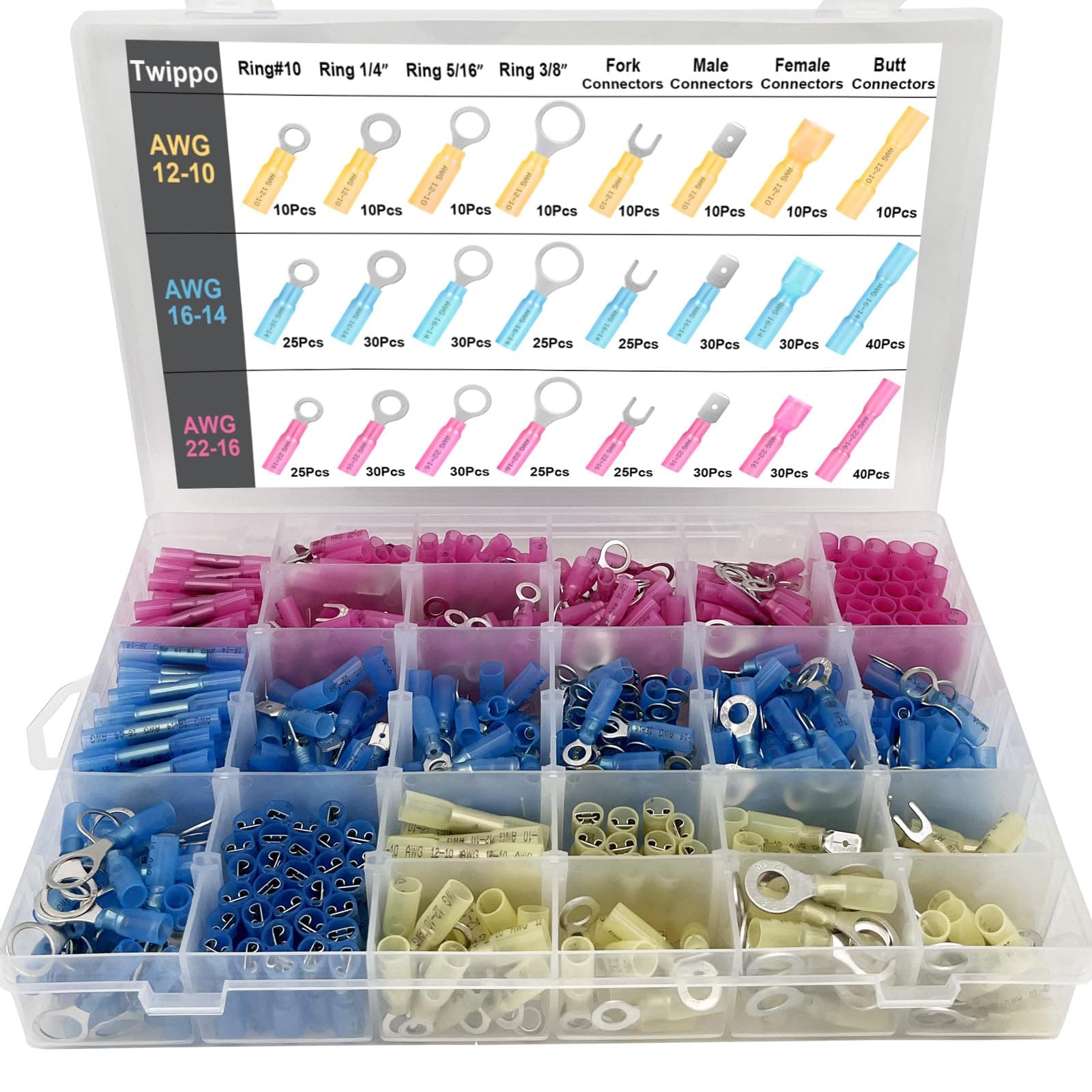 550Pcs Waterproof Heat Shrink Wire Connectors Kit, Automotive Electrical Connector Terminals Kit, Butt Fork Ring and Spade Crimp Connectors Assortment (22-10AWG)