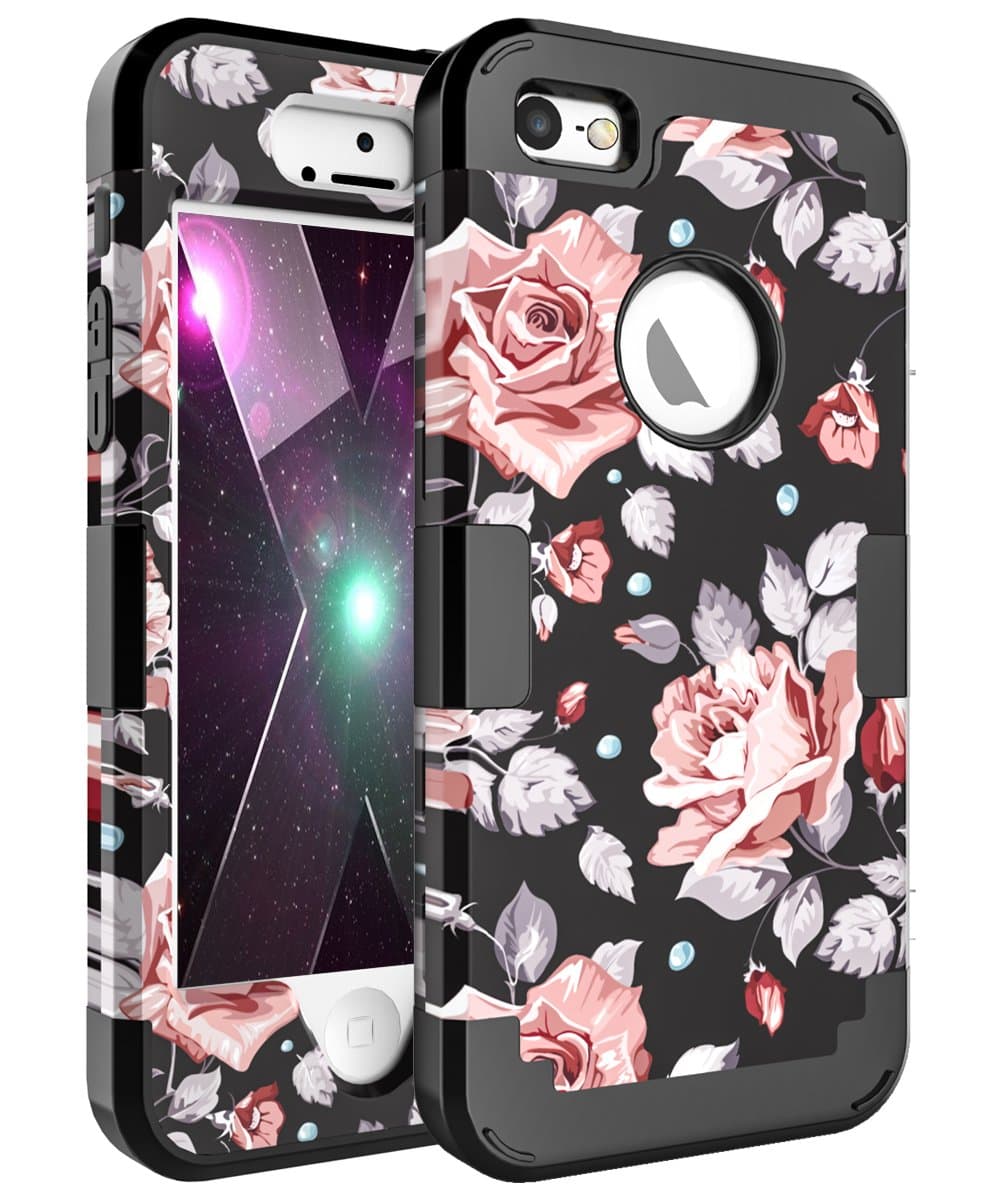 OBBCase iPhone SE Case,iPhone 5S Case,iPhone 5 Case,Three Layer Heavy Duty Hybrid Sturdy Armor High Impact Resistant Protective Cover Case for iPhone SE/5S/5 Rose Flower/Black