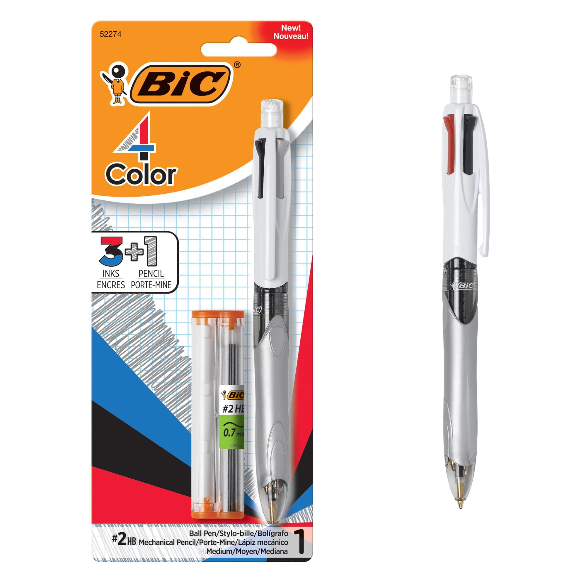 BIC. 4-Color 3-in-1 Retractable Ballpoint Pen with Mechanical Pencil