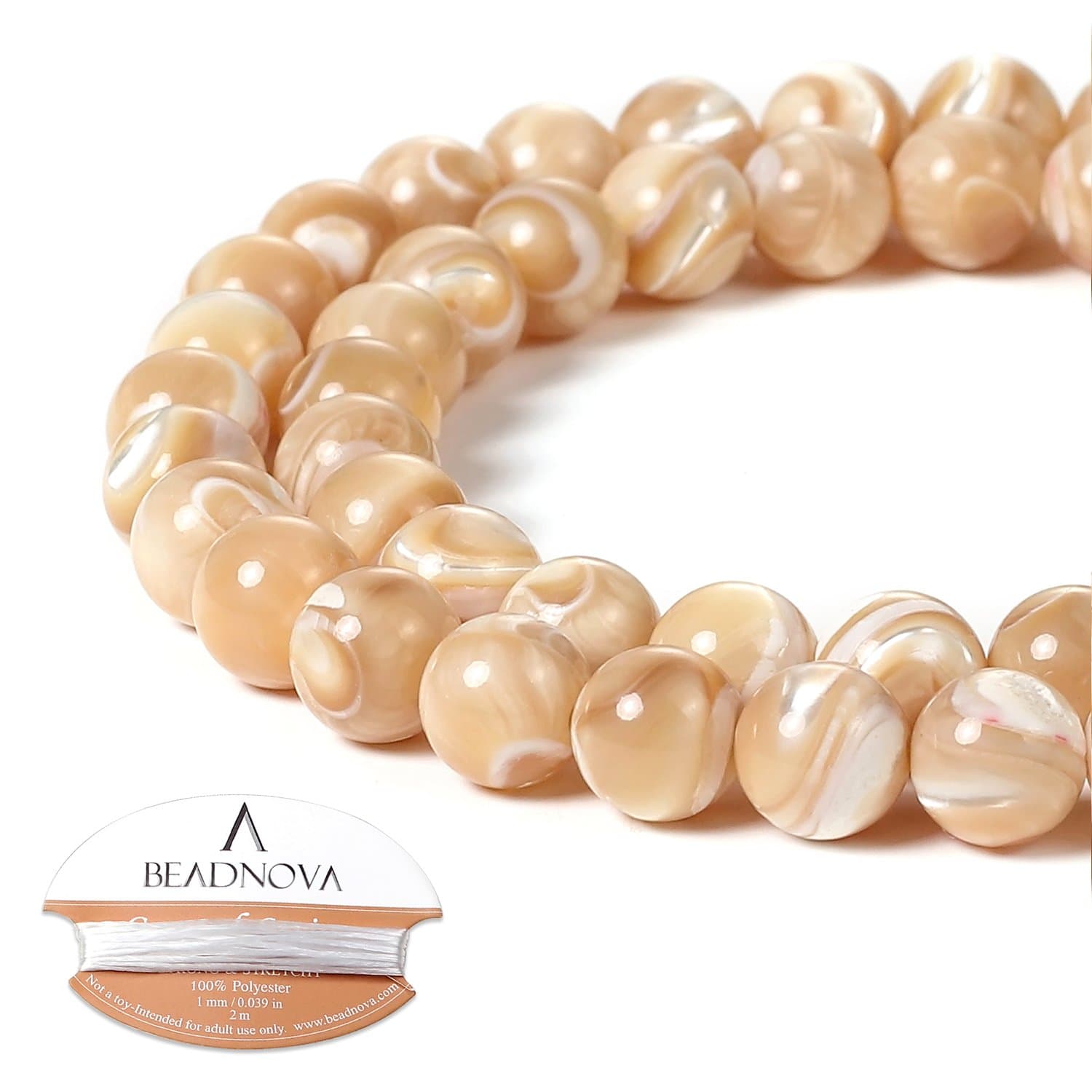 BEADNOVA Natural Mother of Pearl Nacre Conch Shell Beads Natural Crystal Beads Stone Gemstone Round Loose Energy Healing with Crystal Stretch Cord for Jewelry Making (8mm, 45-48pcs)