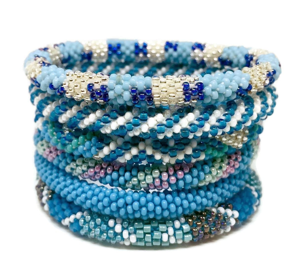 Kissed Karma Nepalese Authentic Glass Seed Nepal Bracelets. 6 Pcs Blue Colors Mix