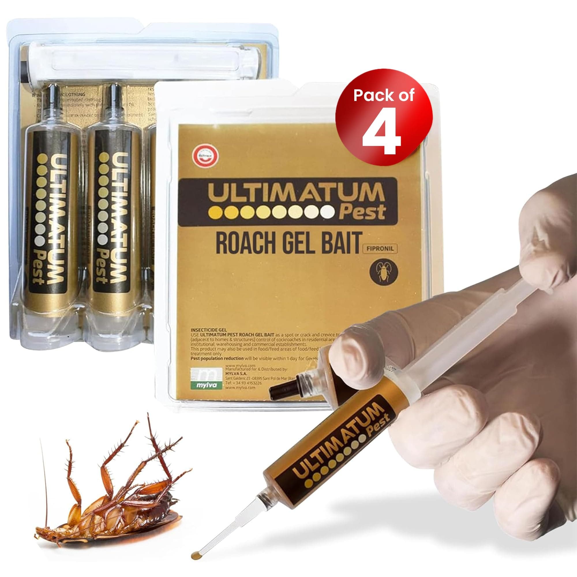 Roach Gel Bait - 4-Pack Syringes for Indoor Infestation, for Homes & Businesses, Cockroach Control, Efficient Roach and Ant Killer Indoors